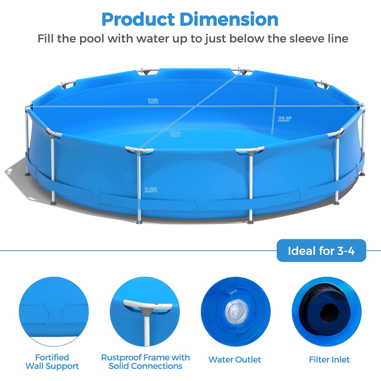 GYMAX 12ft x 31.5inch Above Ground Steel Frame Swimming Pool with Cover | Durable Outdoor Backyard Pool for Adults & Kids | Perfect for Summer Fun, Family Gatherings & Backyard Parties