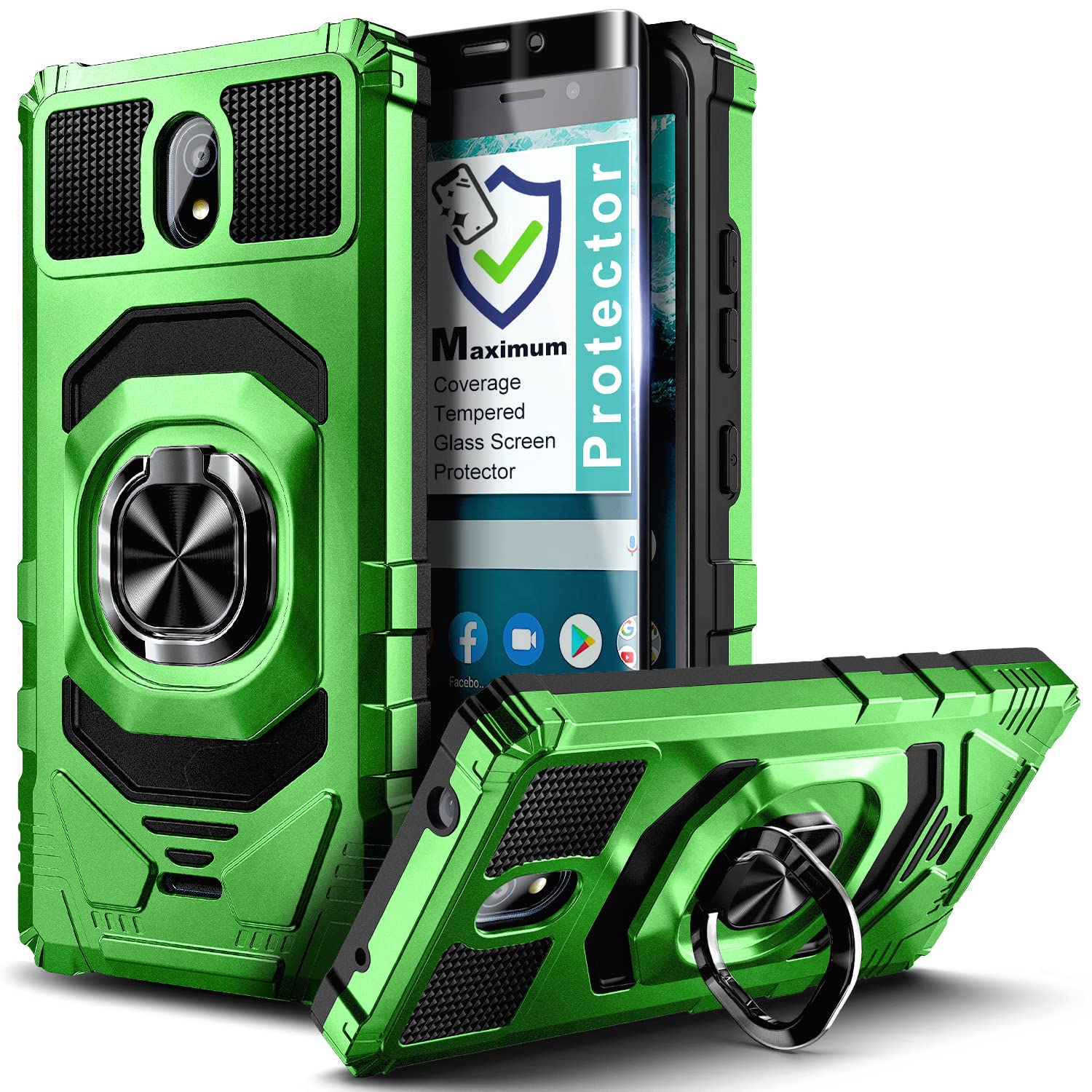 **Military-Grade Protective Case for Nokia C100 with Tempered Glass Screen Protector - Full Body Shockproof Cover with Magnetic Car Ring Holder (Green) - Perfect for Daily Use, Travel & Outdoor Activities**