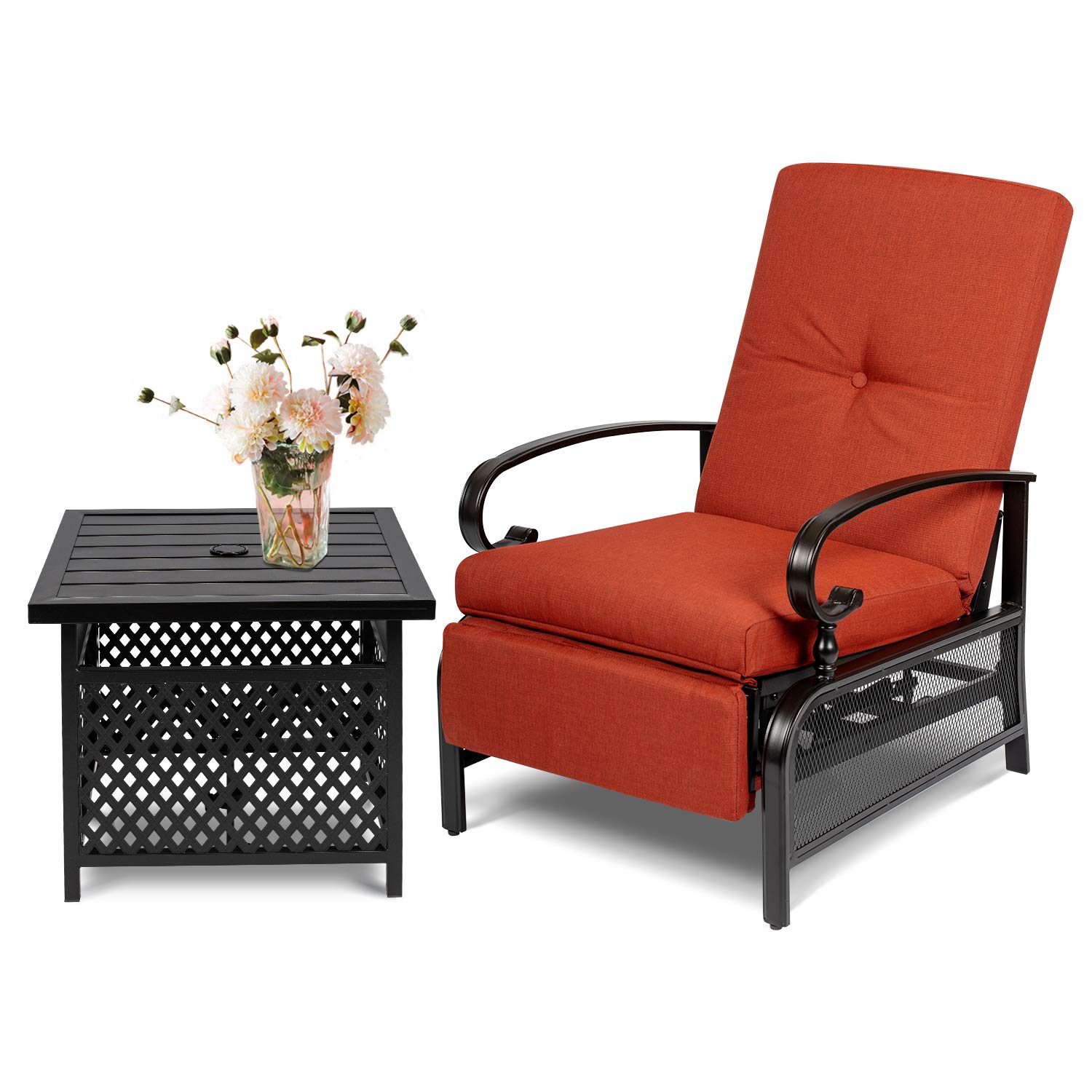 **Adjustable Outdoor Lounge Chair with Recliner & Side Table Set - Patio Chaise with Red Cushion & Umbrella for Poolside, Garden, or Backyard Relaxation**