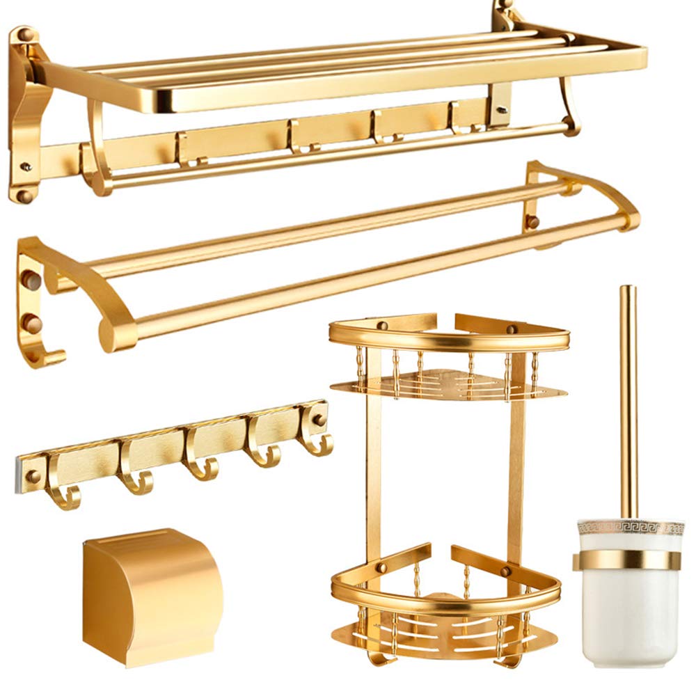 6Pcs Aluminum Bathroom Hardware Set - Wall Mount Towel Rack, Double Towel Holder, Hooks, Toilet Brush & Roll Tray | Modern Bathroom Organization for Home, Apartment & Hotel Use