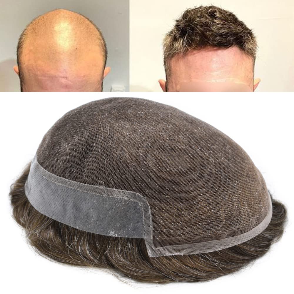 Natural Human Hair Toupee for Men - Swiss Lace Base Hair Replacement System with PU Bleached Knots | 8x10 Inch Light Medium Density (540# Medium Light Brown with 40% Gray) | Perfect for Daily Wear, Special Occasions & Hair Loss Solutions | SINGA HAIR