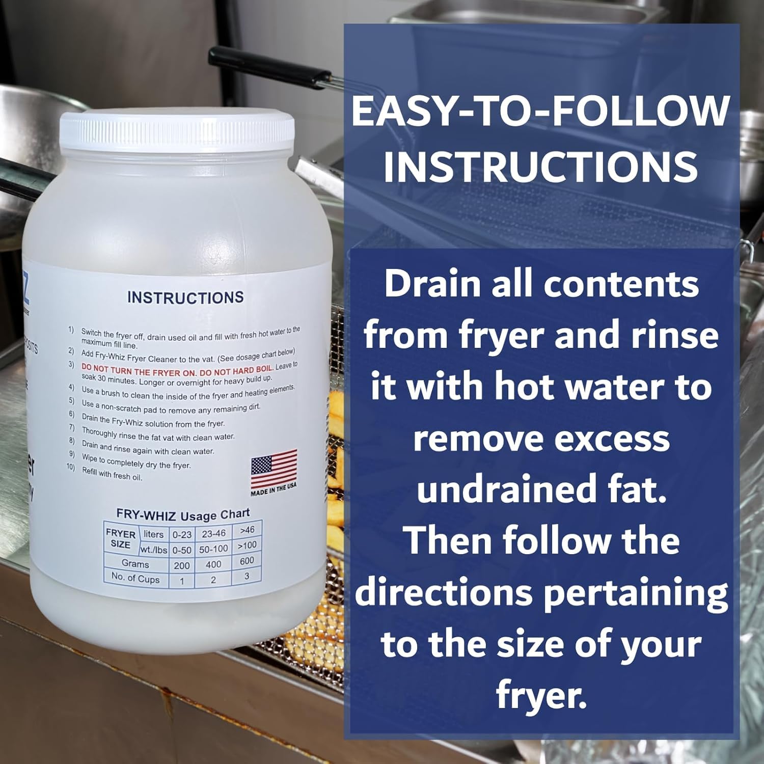 Fry-Whiz Commercial Deep Fryer Cleaner Powder - 4 Gallon Case | Removes Carbon, Grease & Food Stains | Professional Restaurant Kitchen Cleaning Supplies | Perfect for Deep Fryer Basket & Oil Vat Maintenance