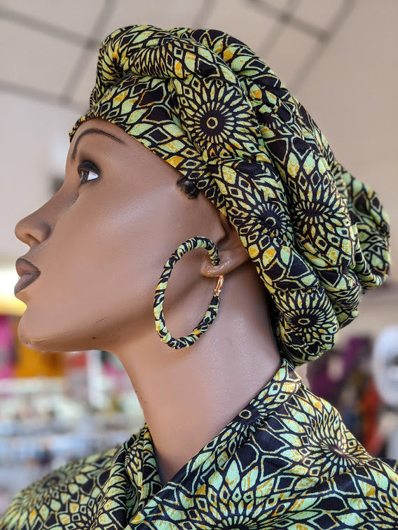 African Print Hoop Earrings - Green & Brown Tribal Design DPJ3773X | Boho Chic Jewelry for Women, Perfect for Festivals & Everyday Wear