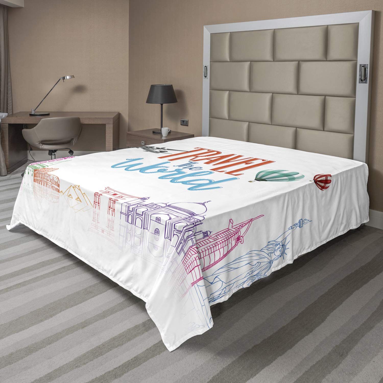 Ambesonne World Travel Themed Flat Sheet - Full Size Decorative Bedding with Globe Landmarks & Balloons Design | Soft, Comfortable Top Sheet for Home, Dorm, Hotel & Travel Use | Multicolor Art Print Bed Sheet