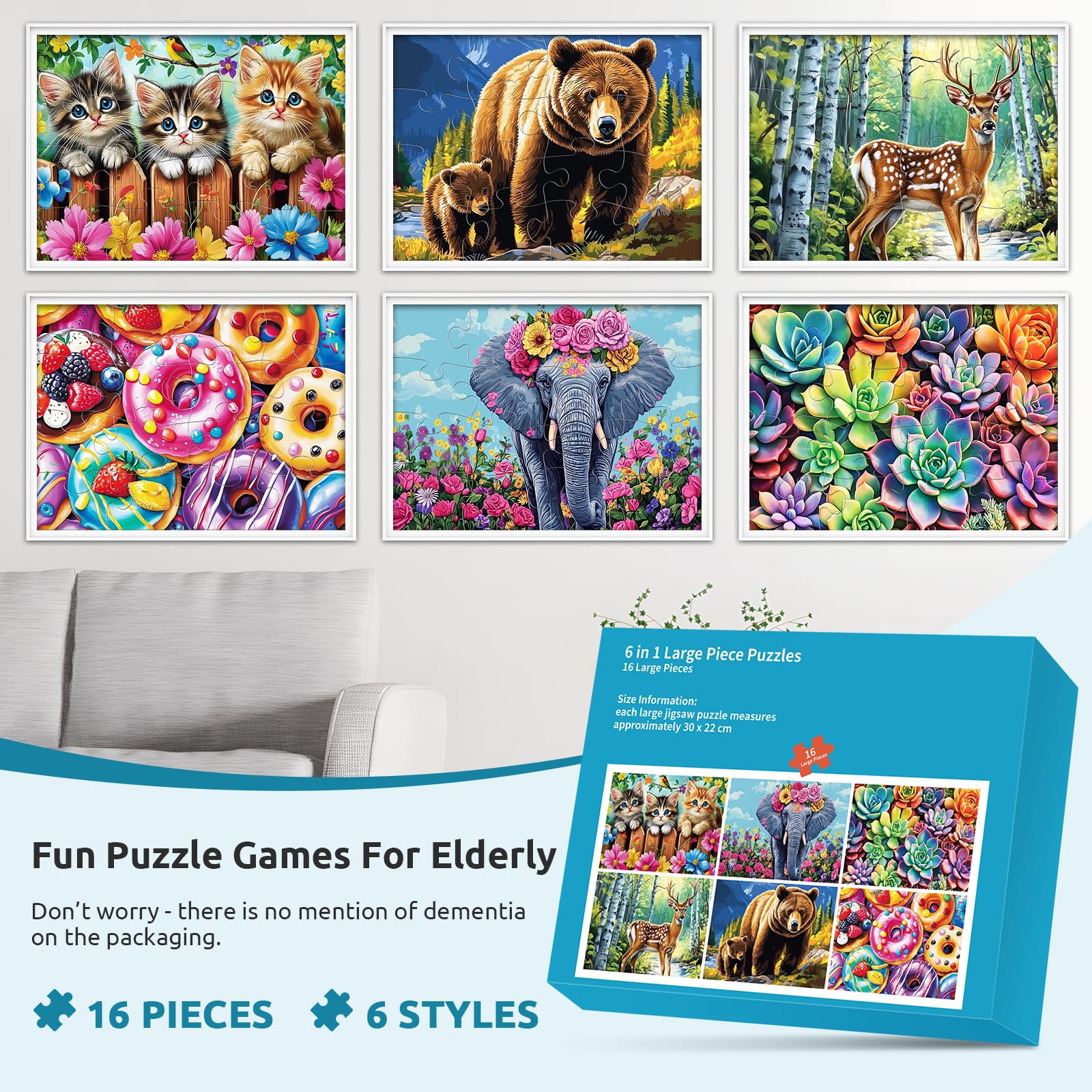 6-Pack Large Piece Puzzles for Seniors - Dementia & Alzheimer's Activities, Memory Cognitive Games for Elderly Adults - Easy Jigsaw Puzzles with 6 Storage Bags - Perfect for Brain Stimulation, Therapy & Relaxation at Home or Care Facilities