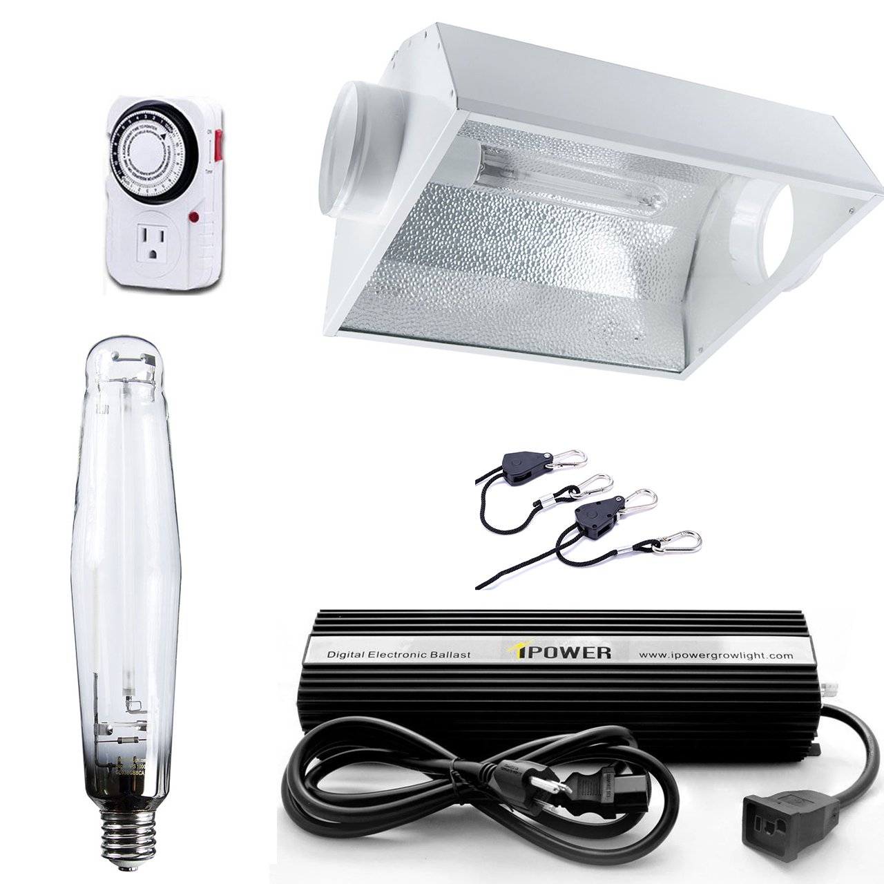 iPower GLSETX1000DHAC6 1000W HPS Digital Dimmable Ballast Grow Light Kit with Air Cooled Reflector Hood - Professional Horticulture Lighting System for Indoor Plants, Hydroponics & Greenhouse Cultivation