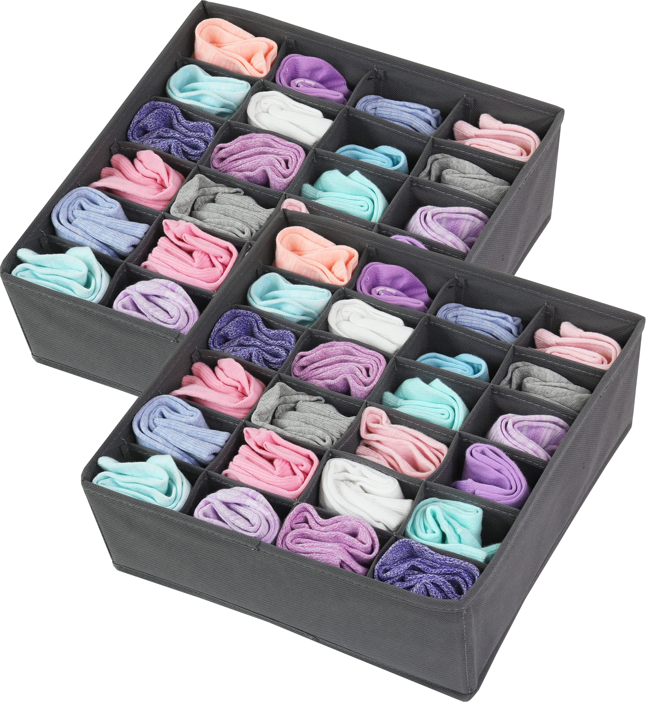 Simple Houseware 2 Pack Closet Socks Organizer - 24 Cell Drawer Divider for Underwear & Accessories Storage (Dark Grey) | Space Saving Solution for Dresser, Wardrobe & Travel Luggage Organization