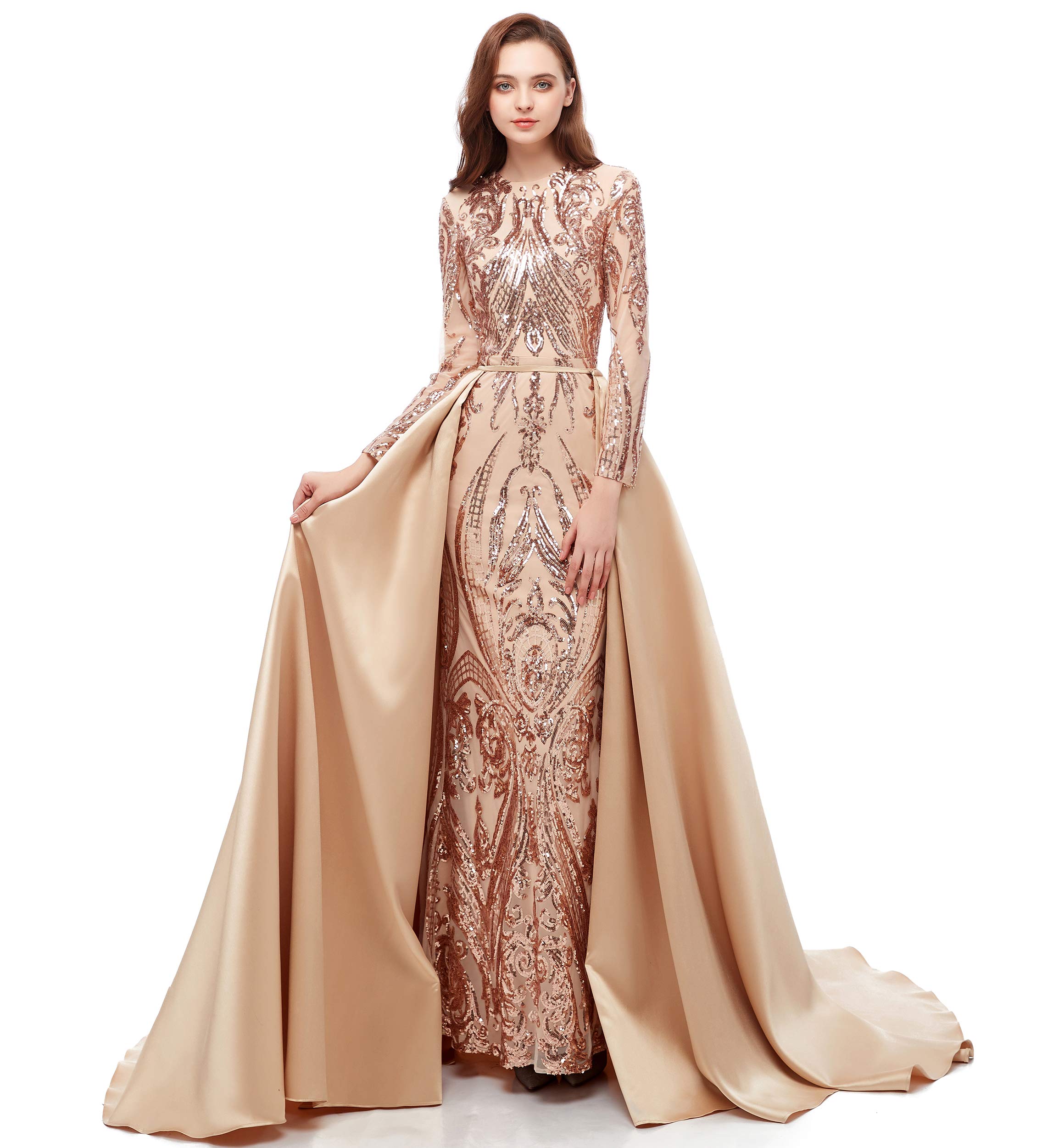 Sparkling Long Sleeve Sequin Prom Dress with Detachable Train - Elegant Mermaid Pageant Gown for Evening Galas, Homecoming, and Formal Events