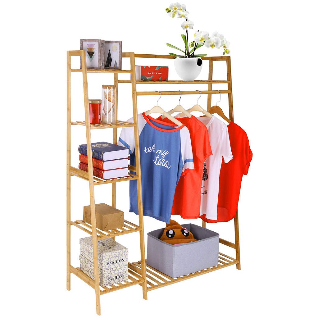5-Tier Bamboo Garment Rack & Shoe Organizer - Space Saving Clothes Hanging Storage Shelf for Bedroom, Closet & Office - Sturdy Multi-Purpose Clothing Holder for Jackets, Shoes & Accessories