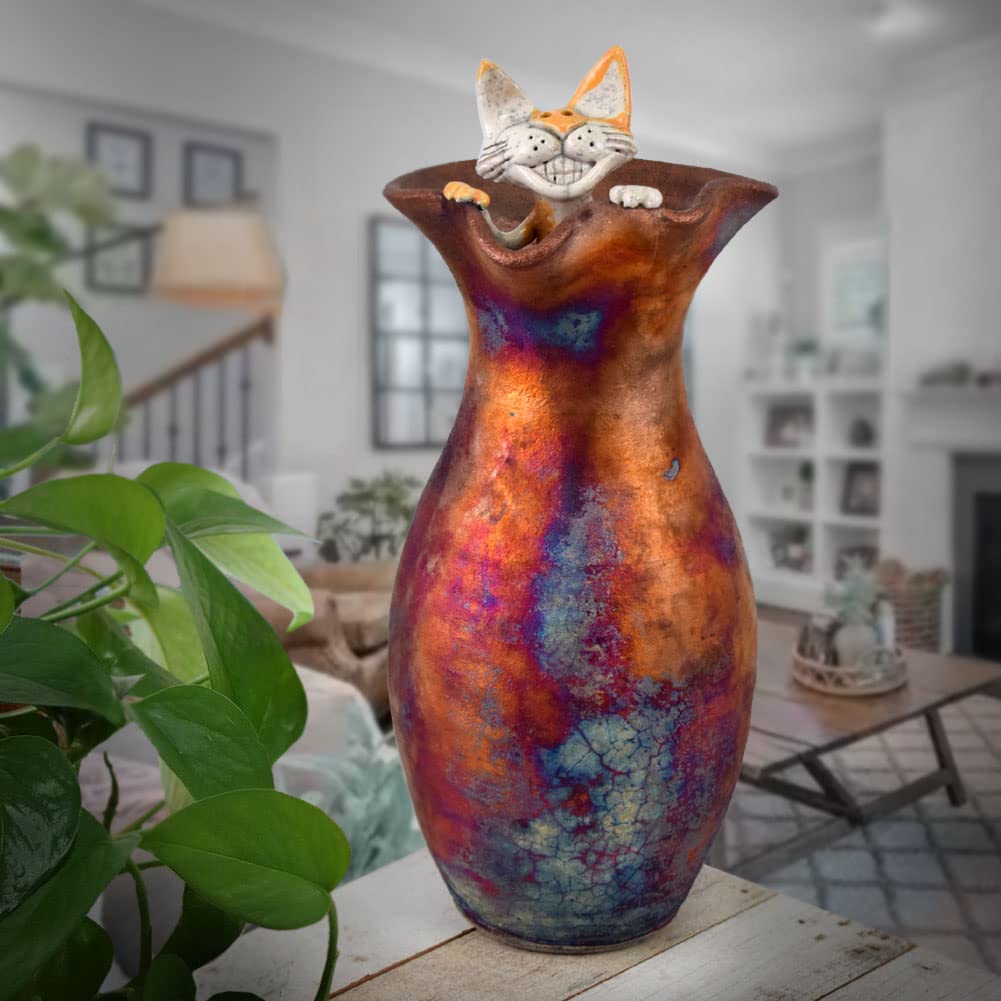 Handmade American Raku Pottery Vase with Playful Peekaboo Cat Design - Perfect for Boho Home Decor, Unique Gift & Living Room Centerpiece