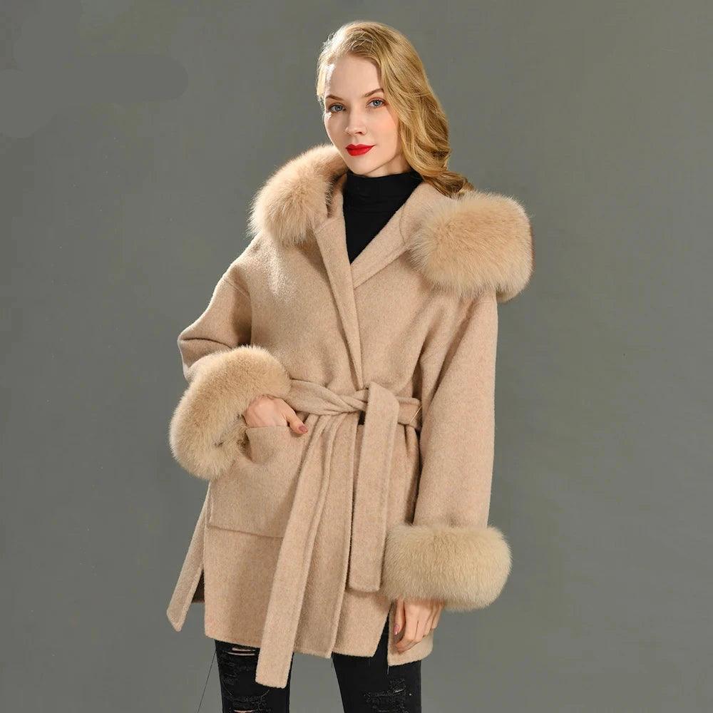 Luxury Women's Winter Coat with Real Fox Fur Hood & Cuffs - 100% Natural Fur, Cashmere Wool Blend, Oversized Loose Fit Jacket for Cold Weather - Perfect for Snowy Days, Outdoor Activities & Fashionable Winter Outfits