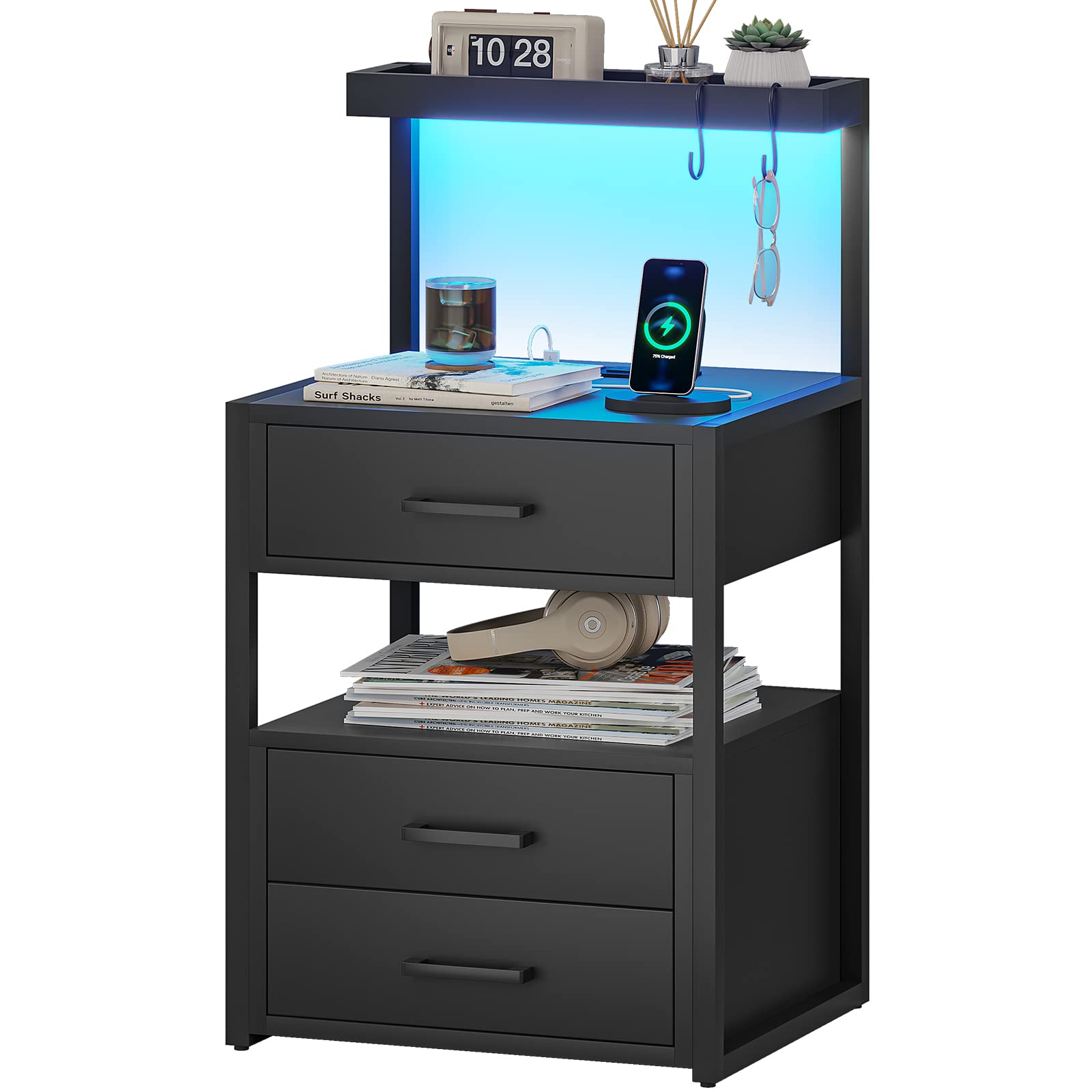 Modern LED Nightstand with USB & AC Charging - 3 Drawers & Open Storage for Bedroom