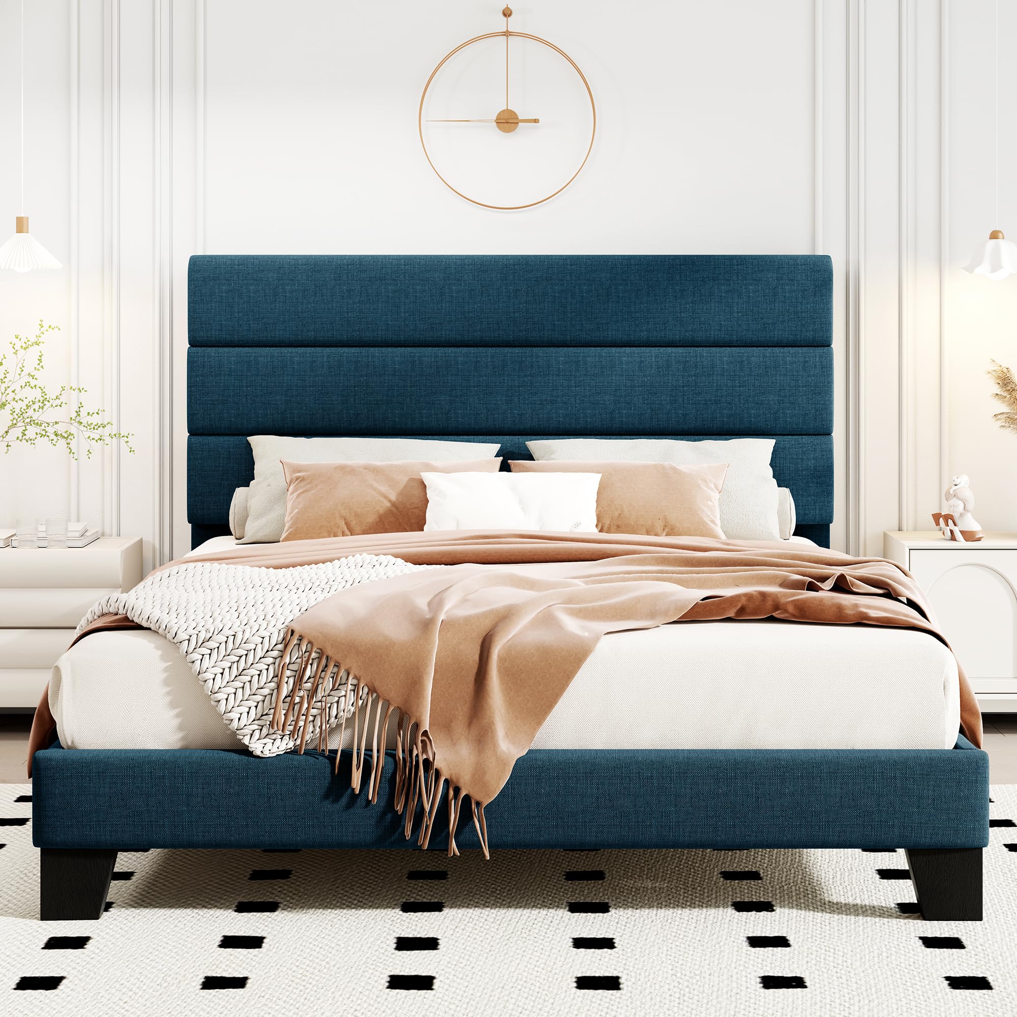 HOOMIC Full Size Bed Frame with Headboard - Upholstered Fabric Platform Bed with Wood Slat Support, No Box Spring Needed, Navy Blue - Perfect for Master Bedroom, Guest Room & Small Space