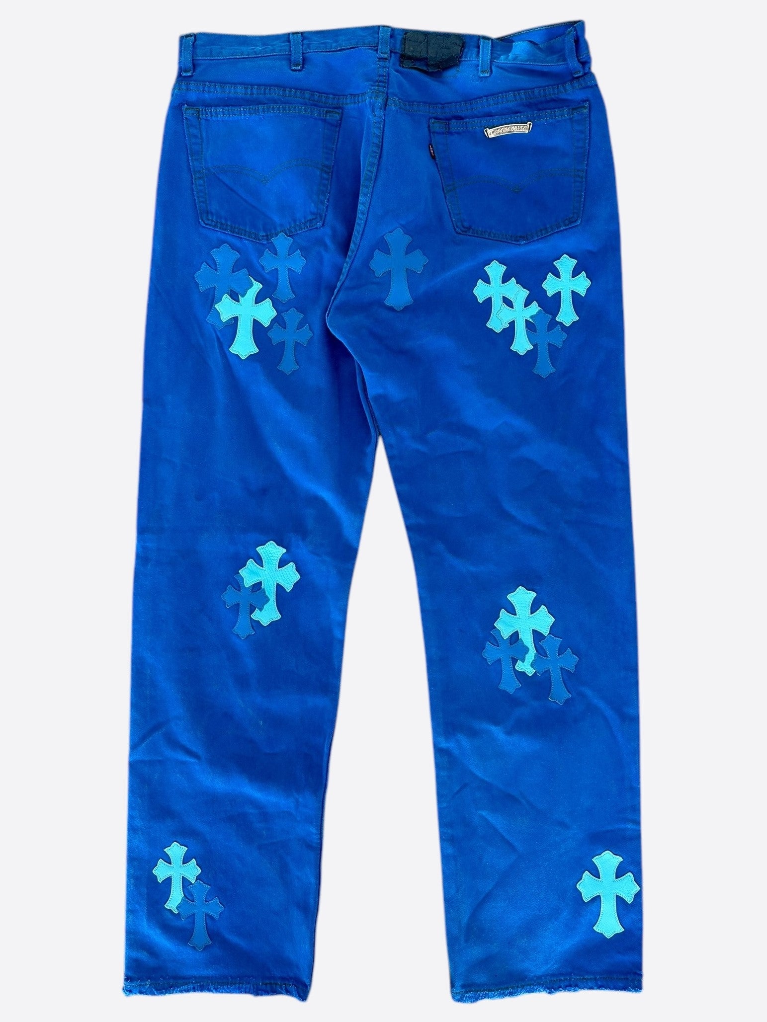 Chrome Hearts x Levi's London Exclusive Blue Dyed Cross Patch Denim Jeans for Men - Stylish Vintage Designer Pants for Casual Wear & Street Fashion