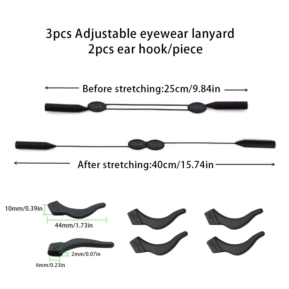 **3 Pack Sports Glasses Straps for Men & Women - Adjustable Universal 25-40cm, Secure Fit for All Frame Glasses - Includes 6 Ear Hooks - Perfect for Running, Cycling & Outdoor Activities**