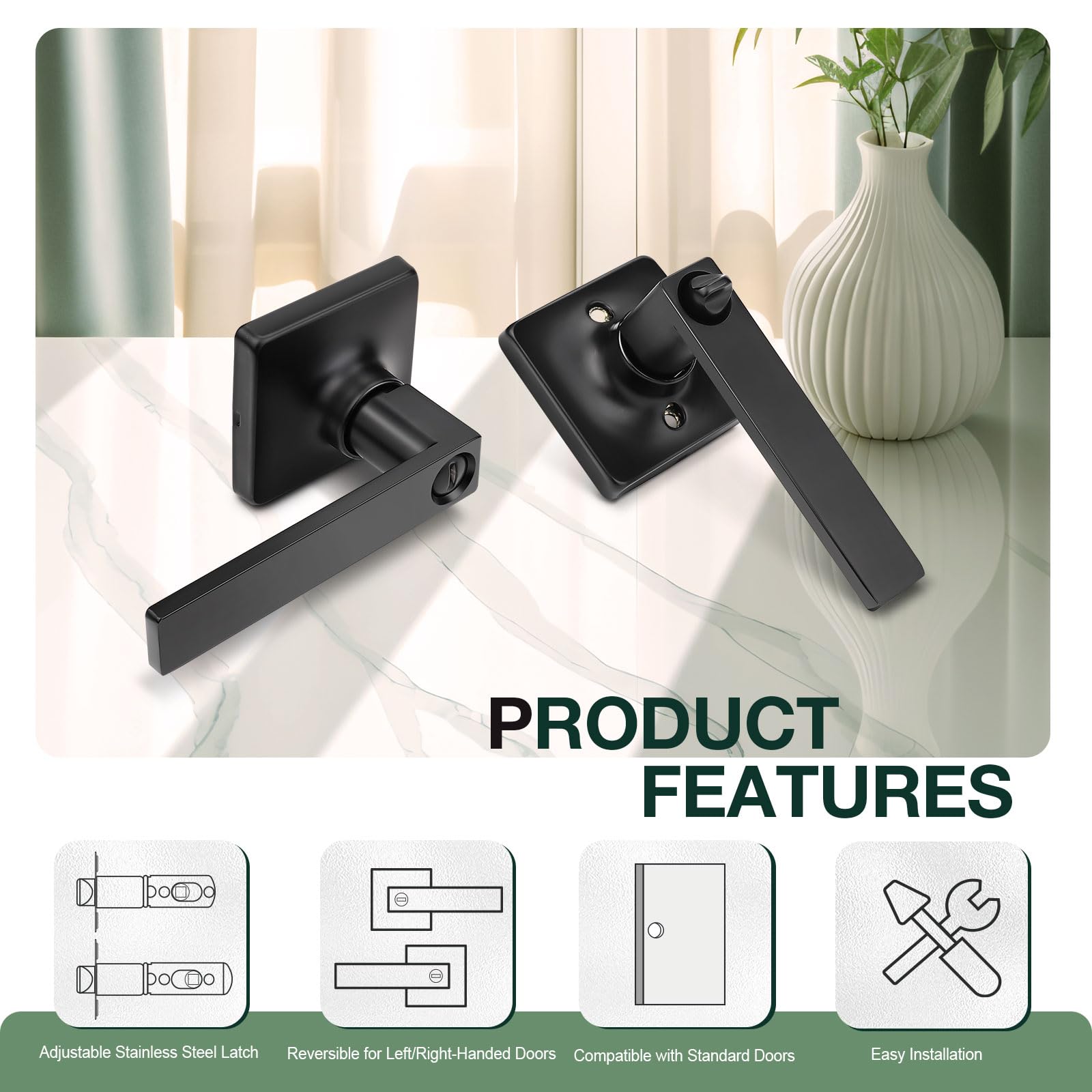 Gobekor 8 Pack Matte Black Privacy Door Handles with Lock - Square Lever Interior Door Hardware for Bedroom, Bathroom & Closet (Durable & Stylish Home Upgrade)