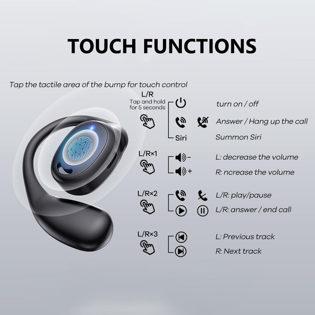 Open Ear Bluetooth Headphones - True Wireless Air Conduction Earbuds with Ear Hooks, Sweatproof & 60H Playtime for Running, Workout, Gym, Cycling & Outdoor Sports (Black)