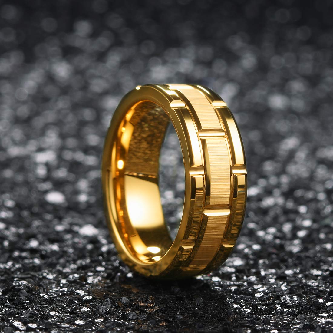 King Will Classic Men's 8mm Tungsten Carbide Wedding Band - Silver/Black/Gold/Rose Gold - Brick Pattern with Groove Center & Brushed Finish - Comfort Fit Ring for Men - Perfect for Weddings, Anniversaries, and Everyday Wear