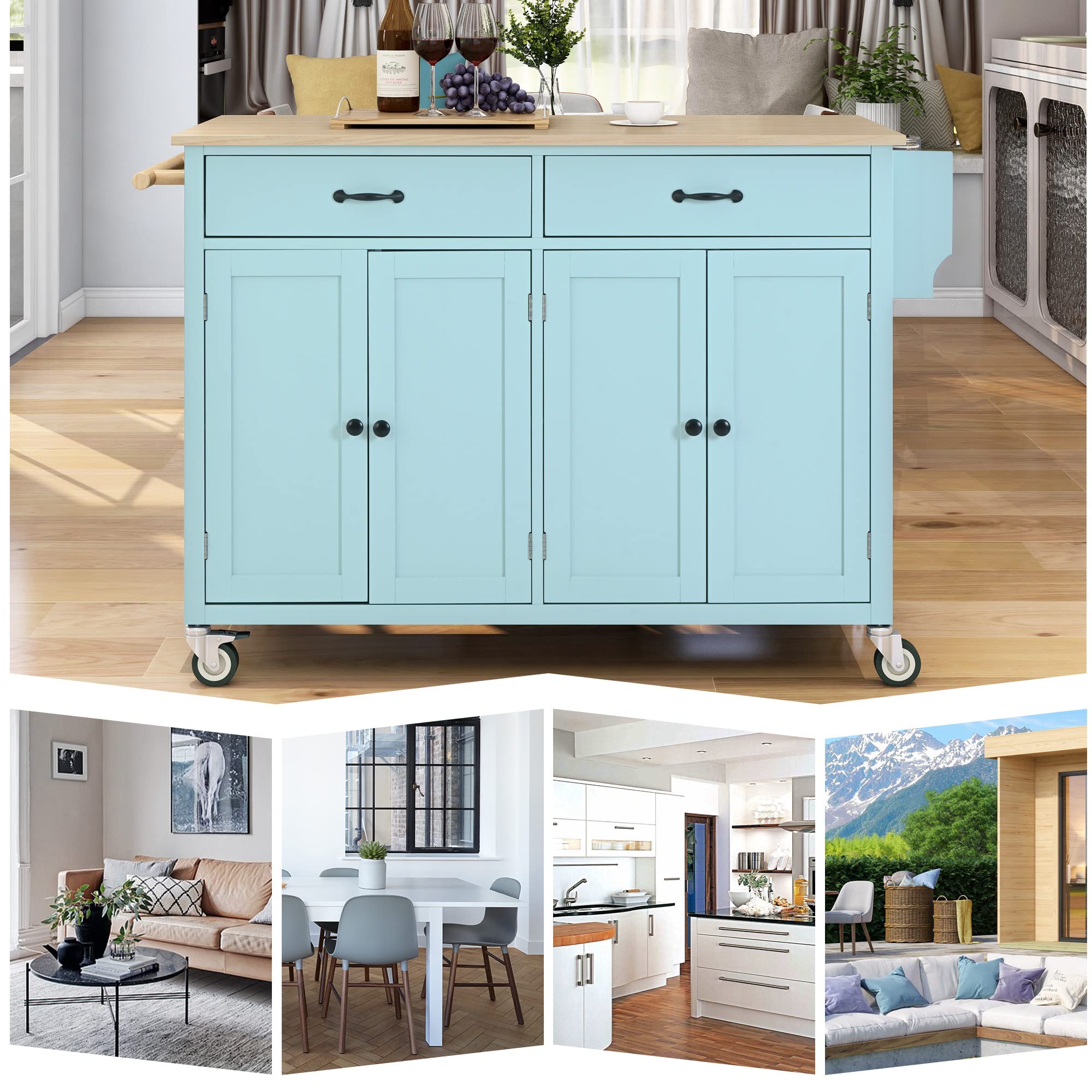 Rolling Kitchen Island Cart with Storage - Mobile Wood Top Kitchen Cart with Cabinet, Drawer, Spice Rack & Towel Rack - Mint Green Moveable Dining Table for Small Spaces, Apartment Cooking & Kitchen Organization