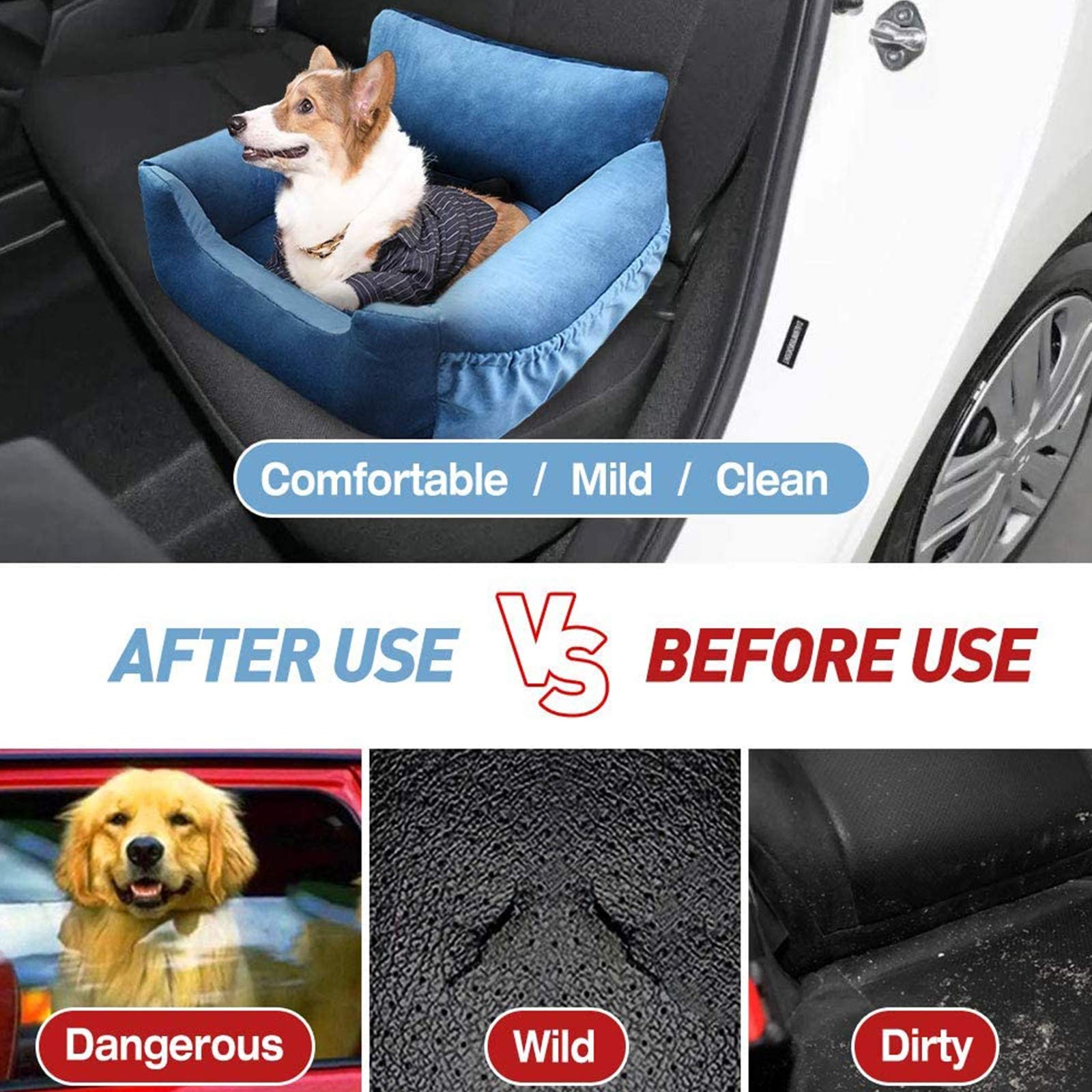 Dog Car Bed for Small Dogs & Cats - Washable Pet Booster Seat with Safety Leash & Storage Pocket | Travel Safety Carrier for Puppies | Perfect for Road Trips & Vet Visits