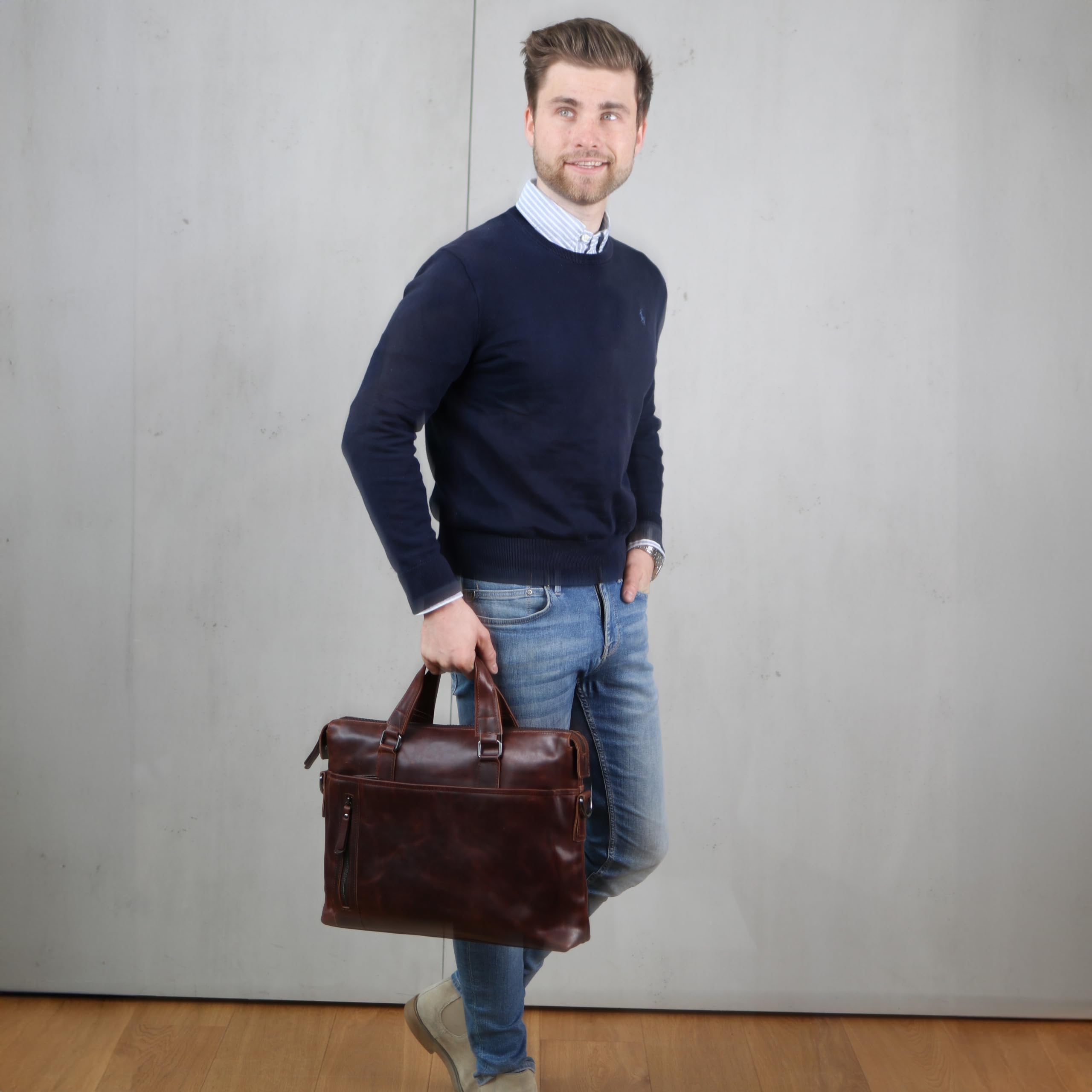 SID & VAIN London Large Real Leather Business Briefcase - Unisex Brown Laptop Bag for Office, Travel & Professional Use