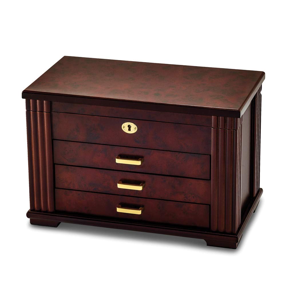 Matte Rosewood Burlwood Finish Locking Jewelry Box - Secure Storage for Rings, Necklaces & Valuables - Perfect for Home, Travel & Gift Giving