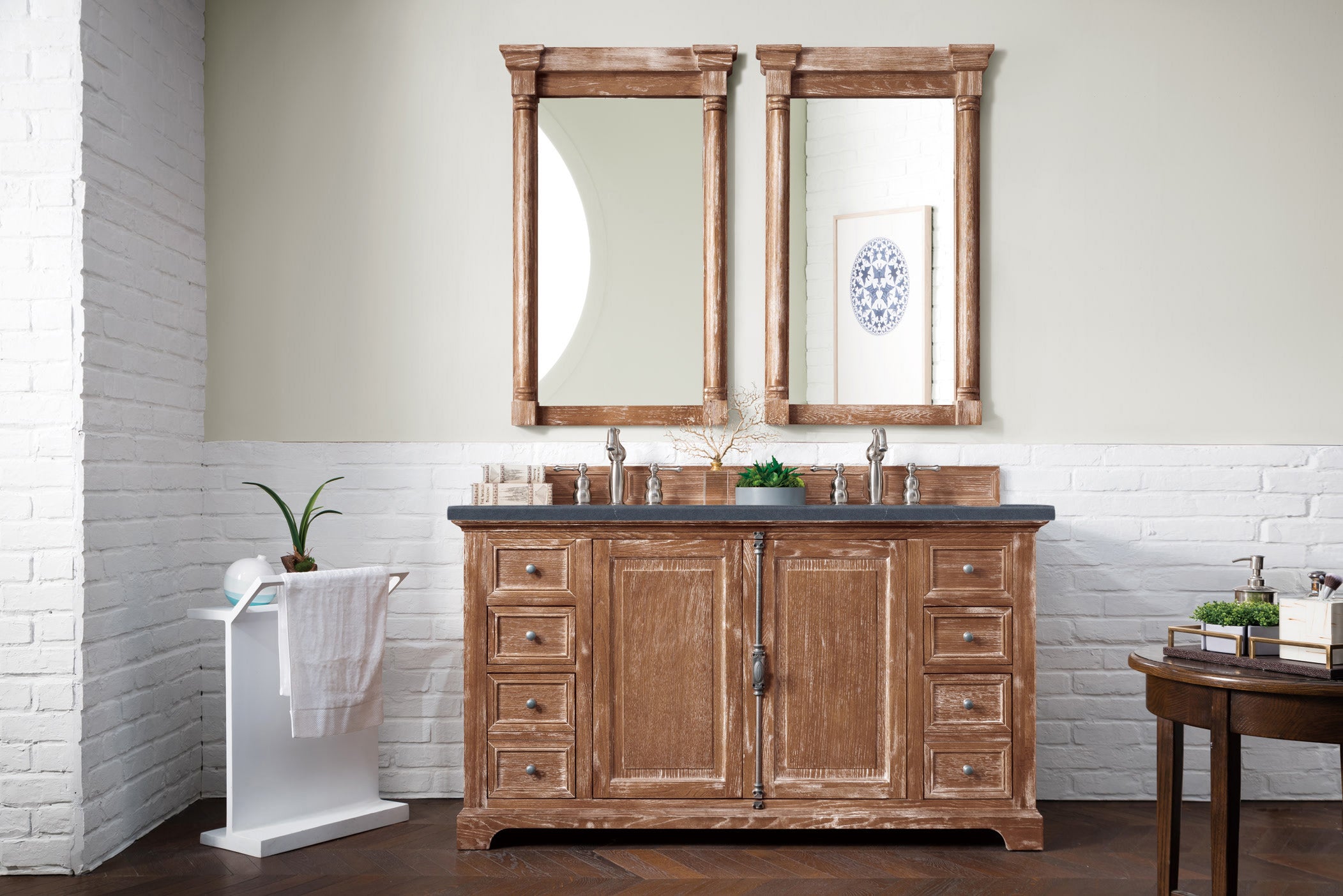 Providence 60-Inch Double Vanity Cabinet in Driftwood Finish with 3CM Charcoal Soapstone Quartz Top - Perfect for Modern Bathroom Renovations and Master Suite Upgrades