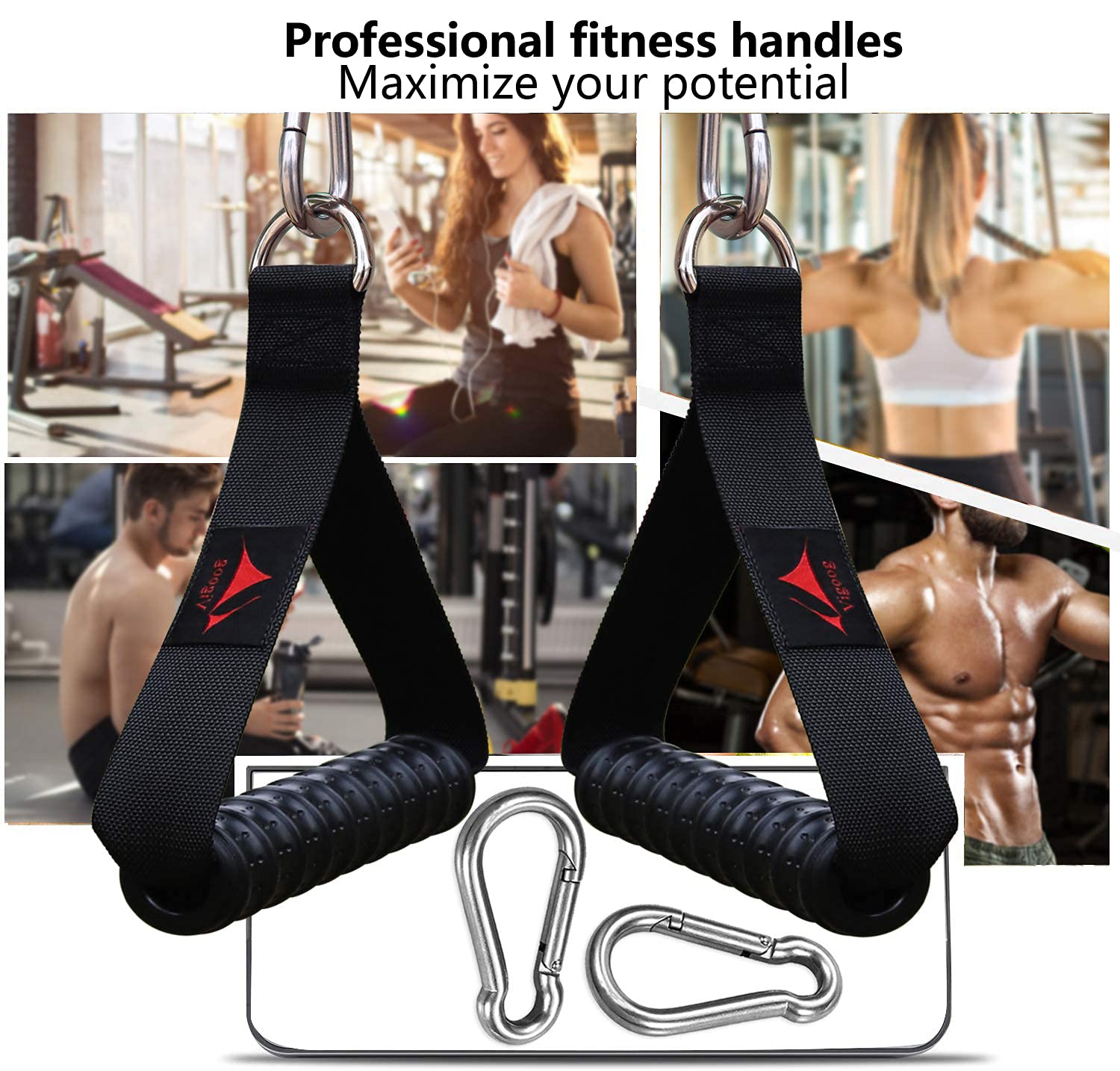 Heavy Duty Gym Handles for Cable Machine, Resistance Bands & Pulley Systems - Home Fitness Equipment with Elastic Rubber Grip & 2 Large Carabiners - Perfect for Strength Training, CrossFit & Home Workouts