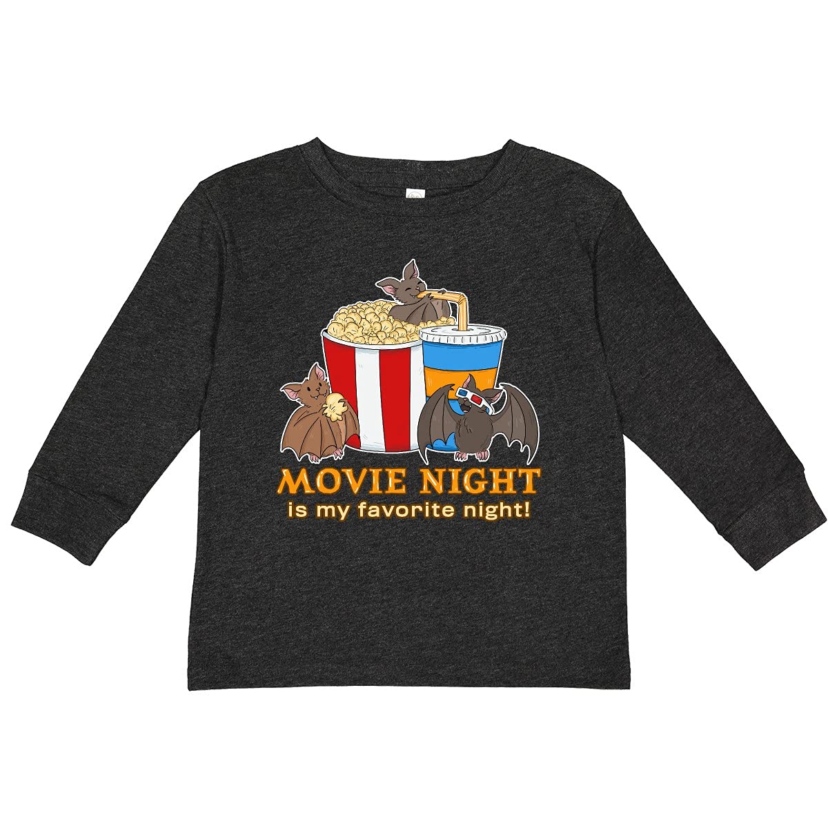 Inktastic Movie Night is My Favorite Night Bats with Toddler Long Sleeve T-Shirt - Comfortable Kids Graphic Tee for Family Movie Nights & Halloween Outfits
