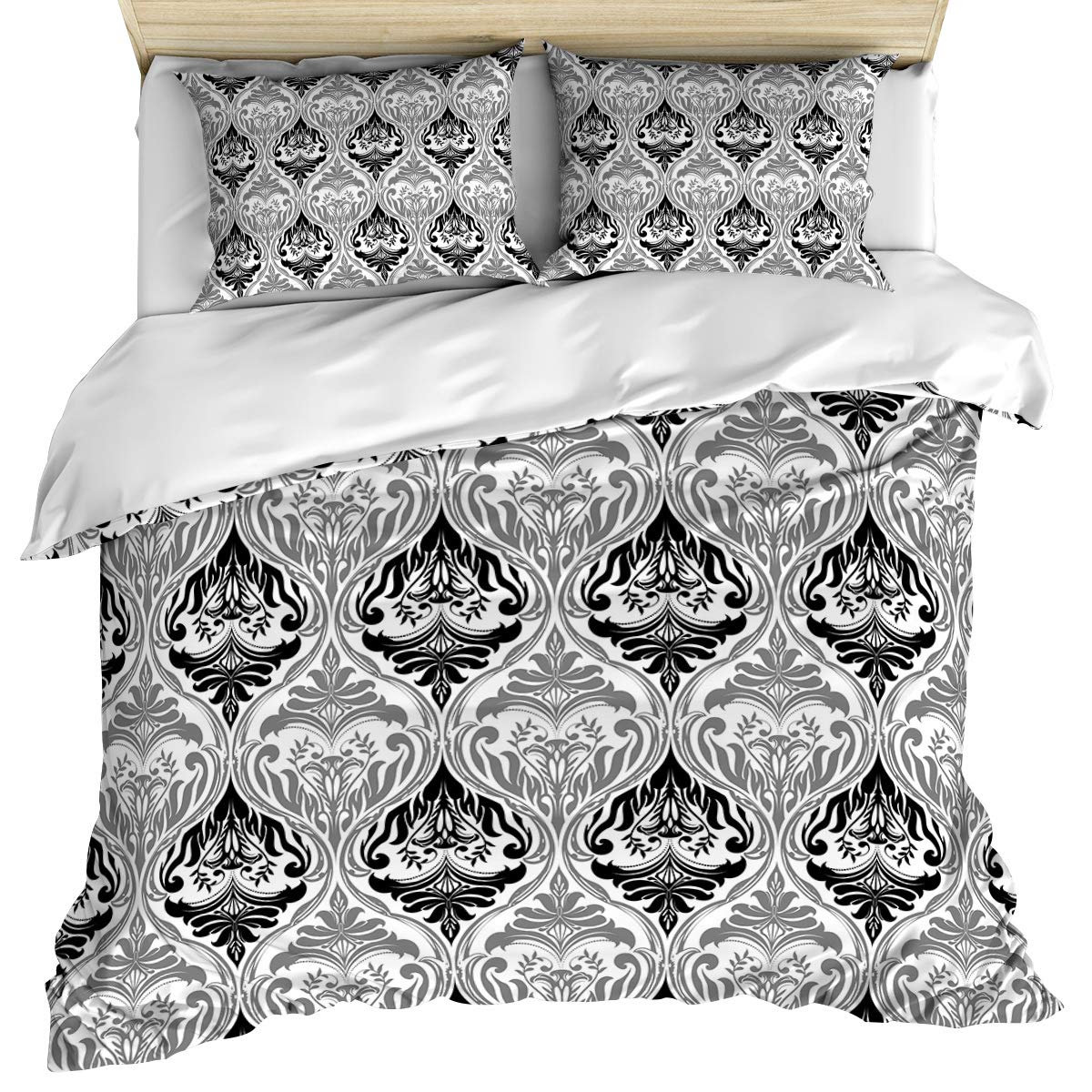 Premium 3-Piece California King Duvet Cover Set - Reversible Grey & Black Damask Floral Design, Soft Microfiber All-Season Bedding with 2 Pillowcases - Perfect for Master Bedroom, Guest Room & Luxury Hotel Decor