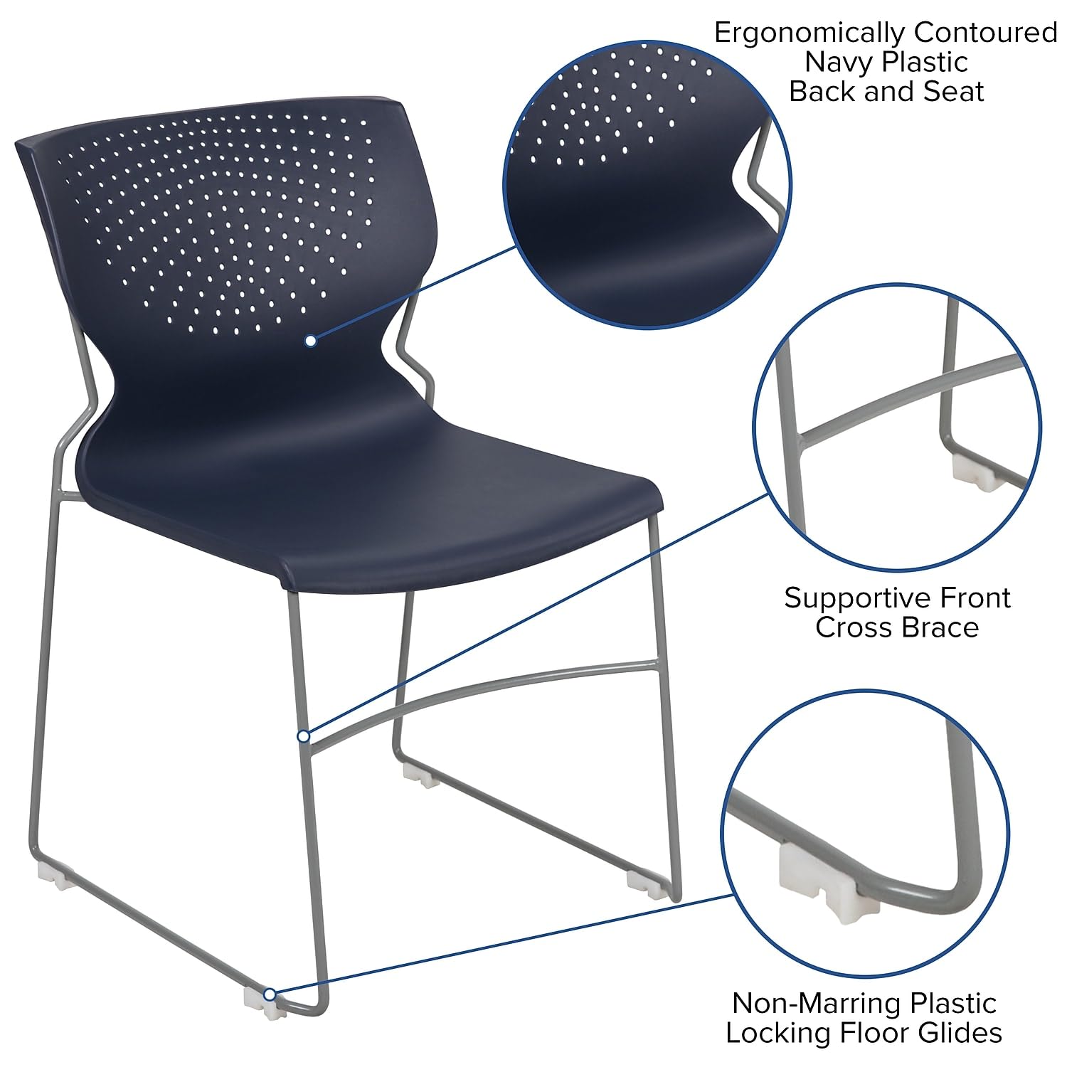 Flash Furniture HERCULES Series 5-Pack Navy Stack Chairs - 661 lb Capacity, Gray Powder-Coated Steel Frame - Perfect for Offices, Classrooms, and Event Seating
