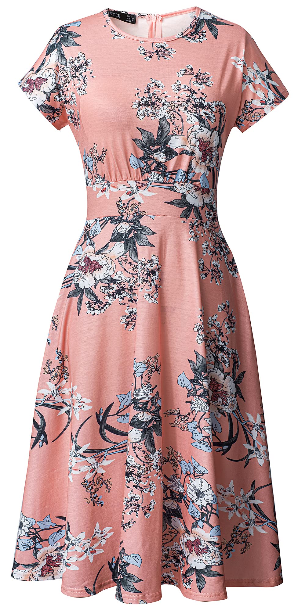 HOMEYEE Women's Floral Print Short Sleeve A-Line Midi Dress - Casual Summer Dress with Elastic Waist (Size 12, Pink Floral) Perfect for Beach, Vacation, and Everyday Wear
