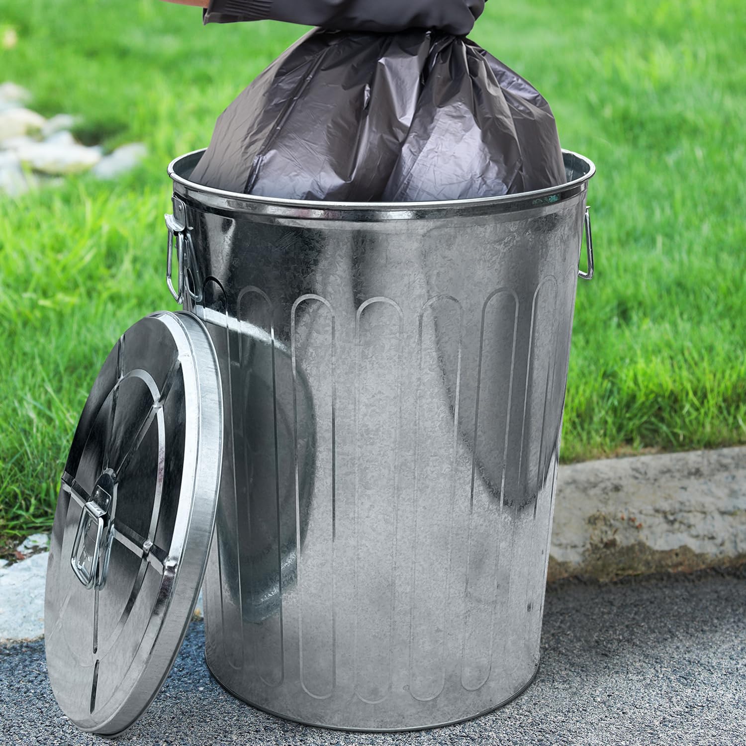 Plexon 20 Gallon Outdoor Metal Trash Can with Lid - Durable Galvanized Steel Garbage Bin for Patio, Yard & Garden Waste Disposal