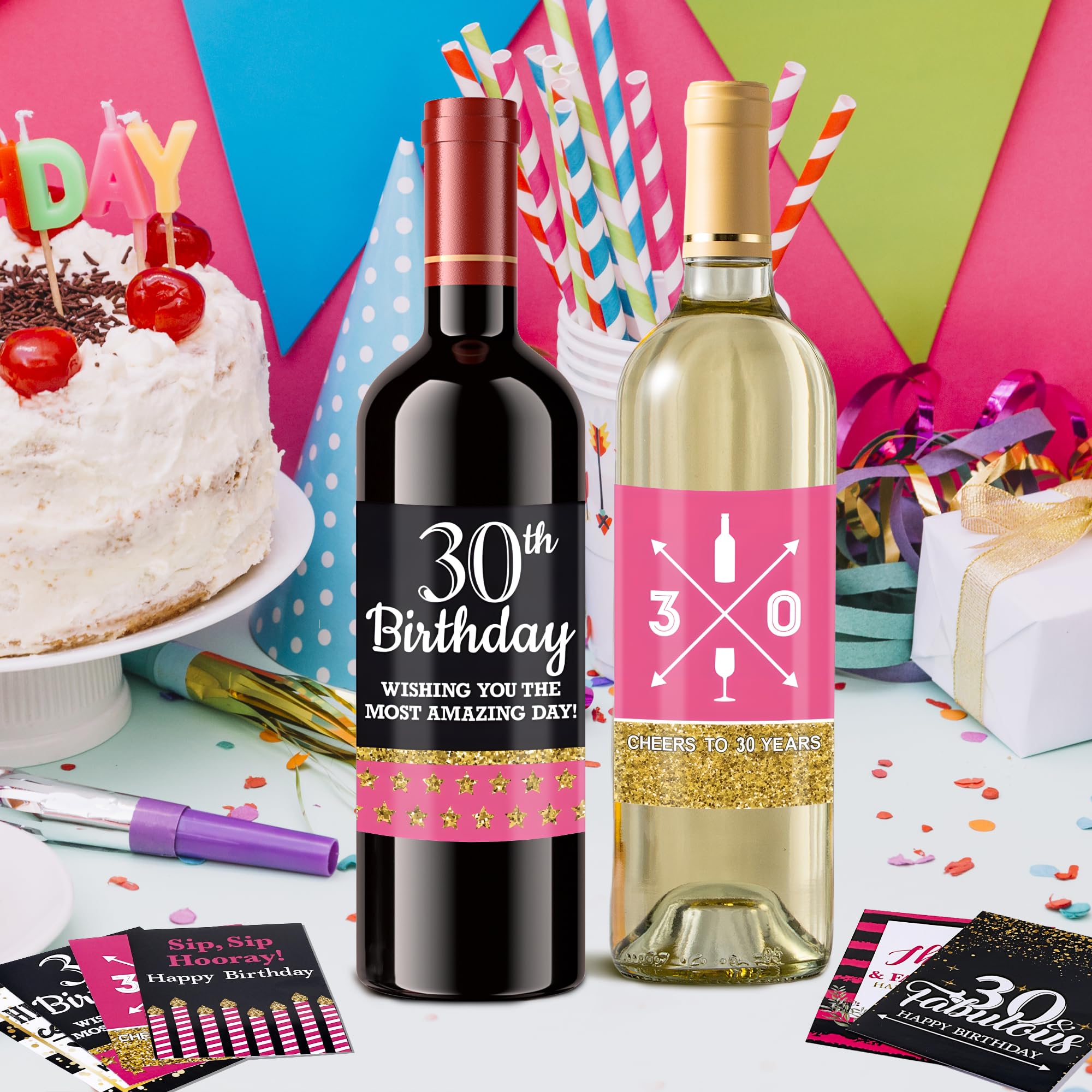 VIDELLY 12-Pack Custom 30th Birthday Wine Bottle Labels - Personalized Waterproof Stickers for Party Decor (Black, Gold, Pink) - Perfect 30th Birthday Gifts for Women - Great for Birthday Celebrations, Wine Parties & Special Occasions