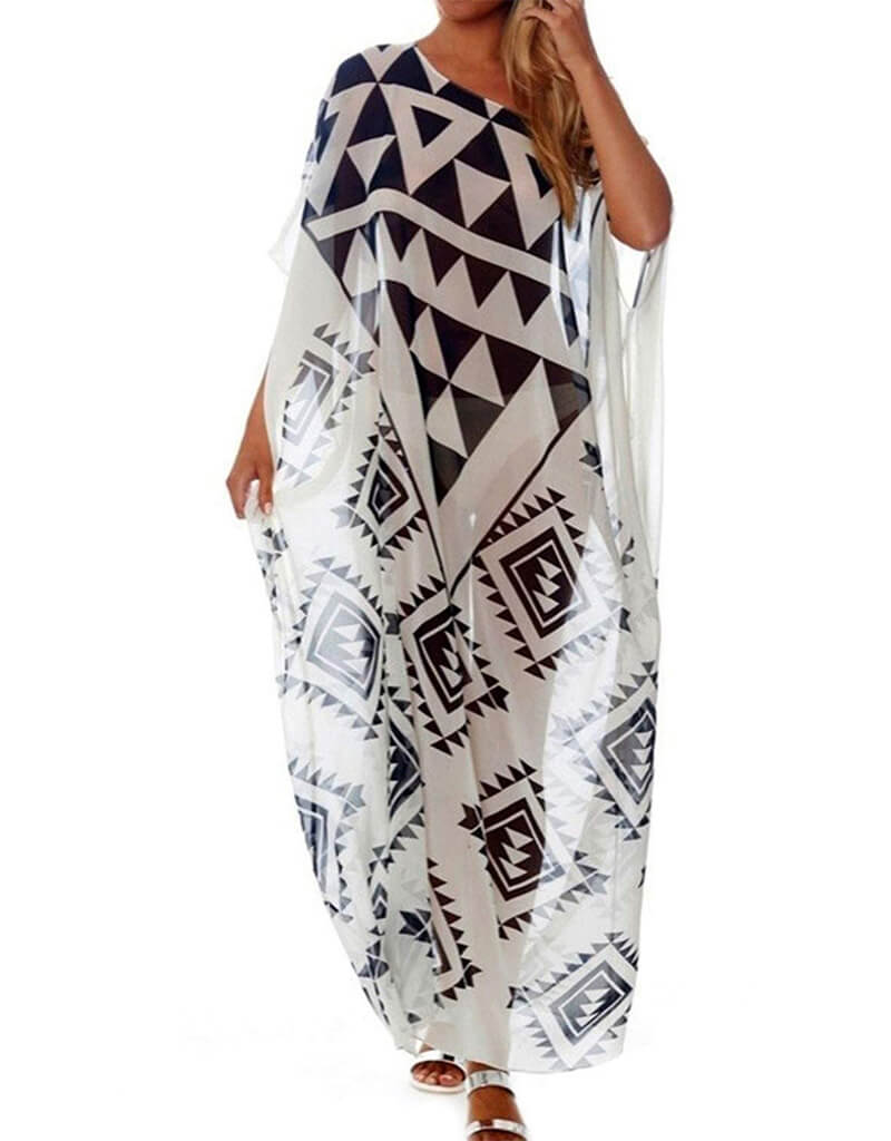 Elegant Black and White Georgette Kaftan Dress for Women - Boho Chic Beach Cover Up, Poolside Lounge & Summer Vacation Outfit