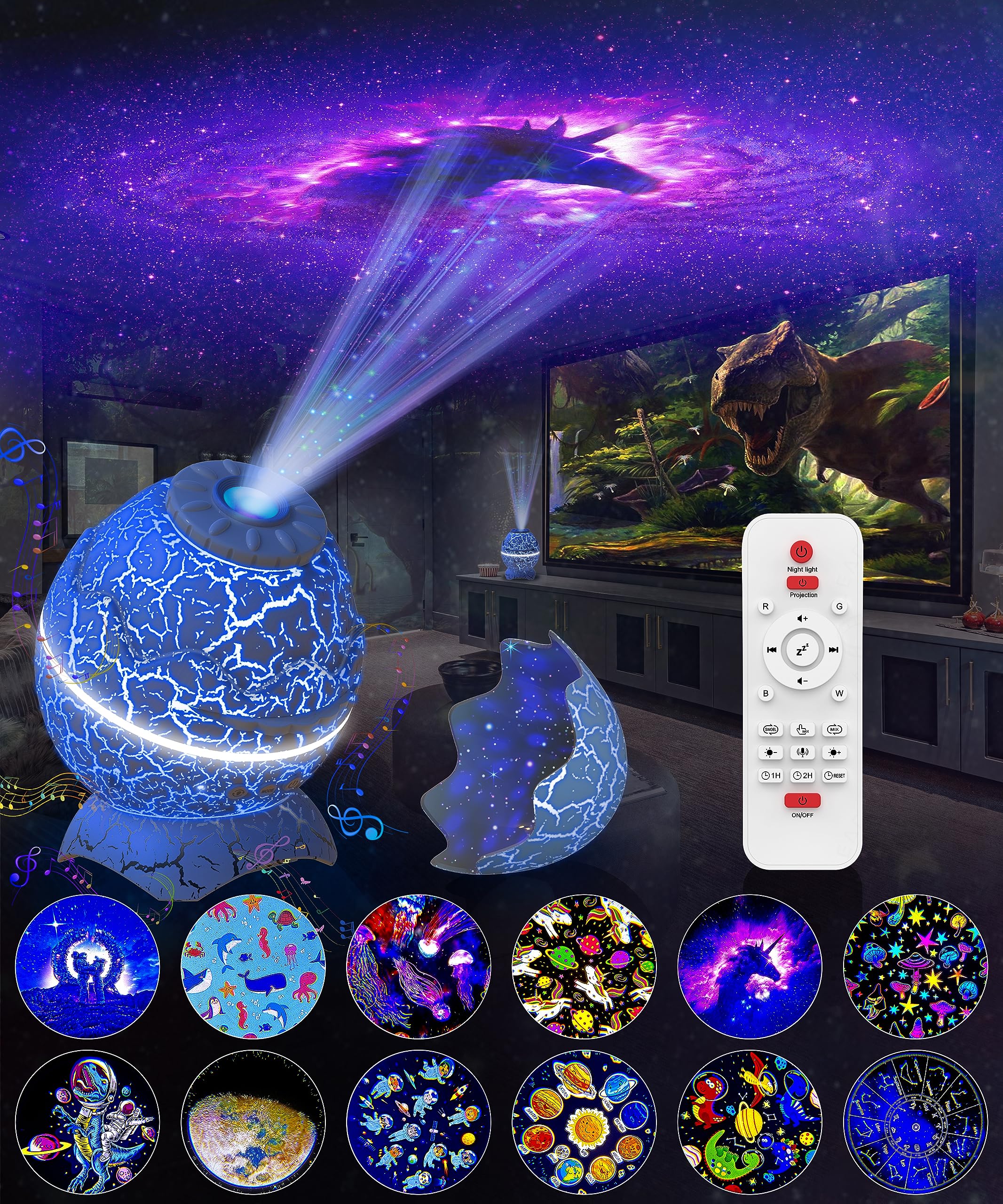 Dinosaur Egg Galaxy Star Projector Night Light for Kids & Adults - Remote Control, Timer, White Noise, 12 Projection Films & Bluetooth Speaker - Perfect for Bedroom Decor, Kids Room, Birthday Parties & Relaxation