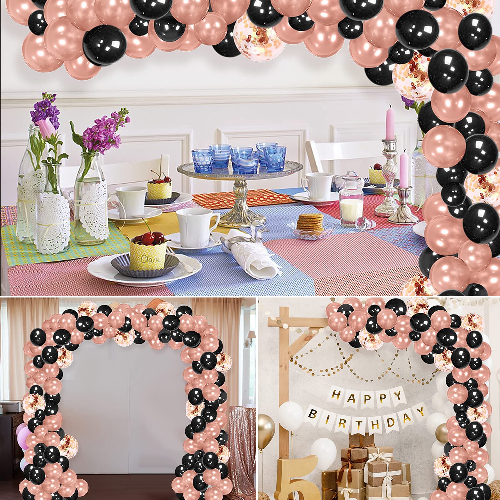 Black Rose Gold Balloons Garland Arch Kit - 112Pcs Rose Gold & Black Confetti Latex Balloons for Birthday, Wedding, Bridal Shower, Graduation, Retirement Party Decorations - Perfect for Indoor & Outdoor Celebrations