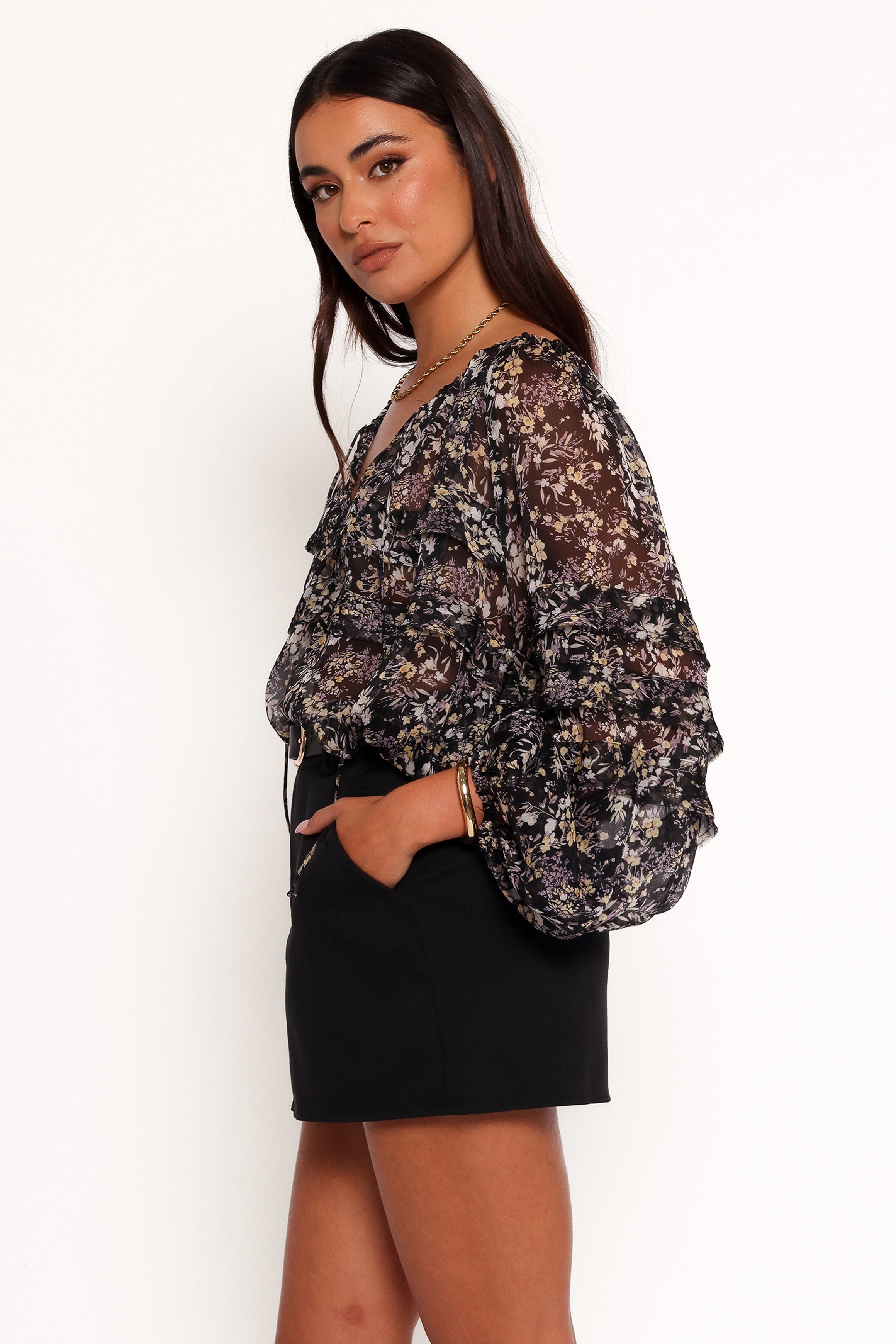 Hana Top Women's Black Multi-Pattern Blouse - Perfect for Casual Outings, Office Wear & Date Nights