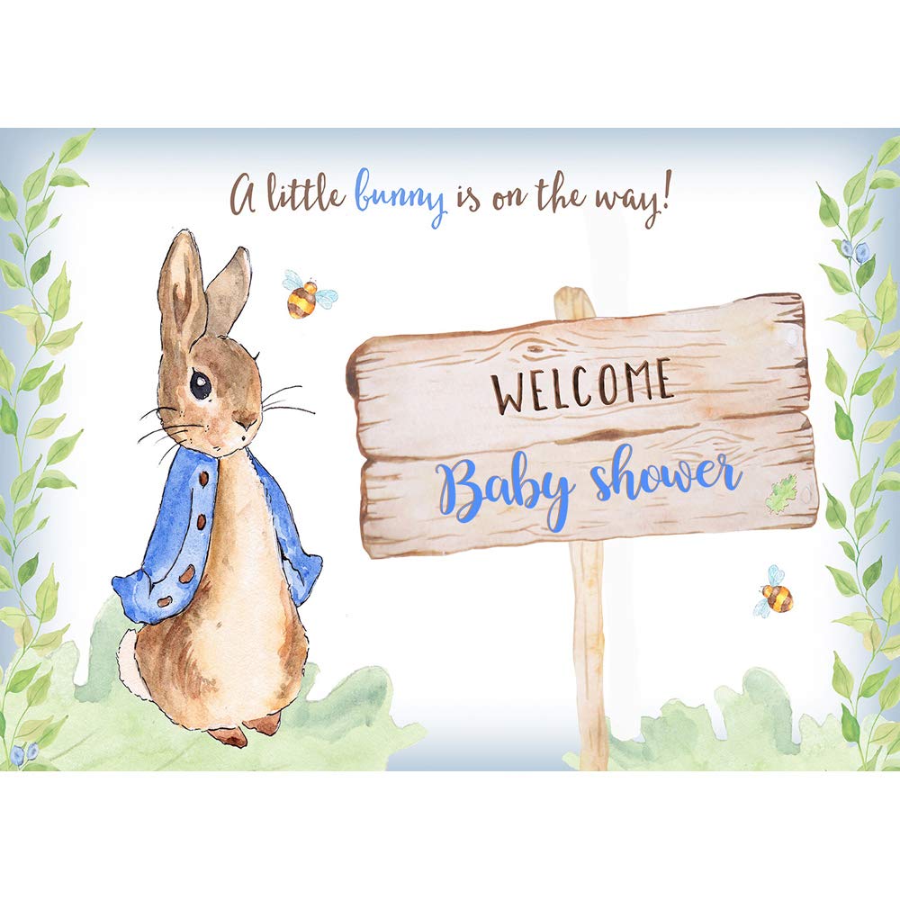 Blue Peter Rabbit Baby Shower Backdrop 7x5ft - Rustic Wood Board Sweet Bee Theme Wall Decoration for Boy's Nursery, Birthday Party & Photo Booth Background