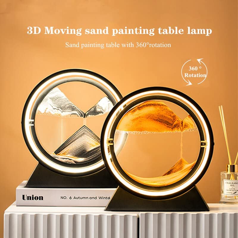 USB Powered Moving Sand Art Table Lamp - 3D Natural Landscape LED Night Light with Dimmable Quicksand & Flowing Sand Atmosphere - Perfect for Home Decor, Office Relaxation, and Meditation Spaces (Brown & White)