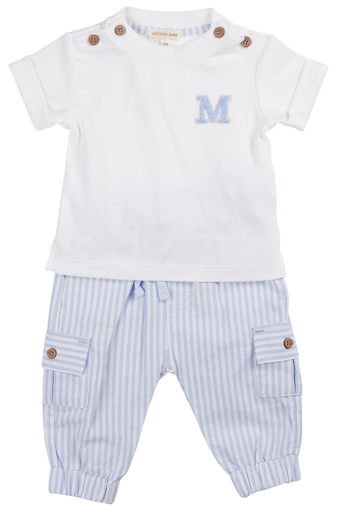 Declan White & Blue Striped T-Shirt & Cargo Pants Set | Men's Casual Outfit for Streetwear, Travel & Everyday Comfort