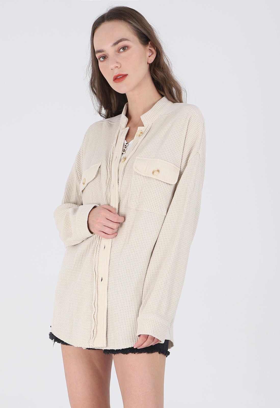 Loveimgs Women's Oversized Waffle Knit Corduroy Shacket - Long Sleeve Button Down Shirt Jacket for Fall | Casual Outfit, Layering Piece & Cozy Outerwear