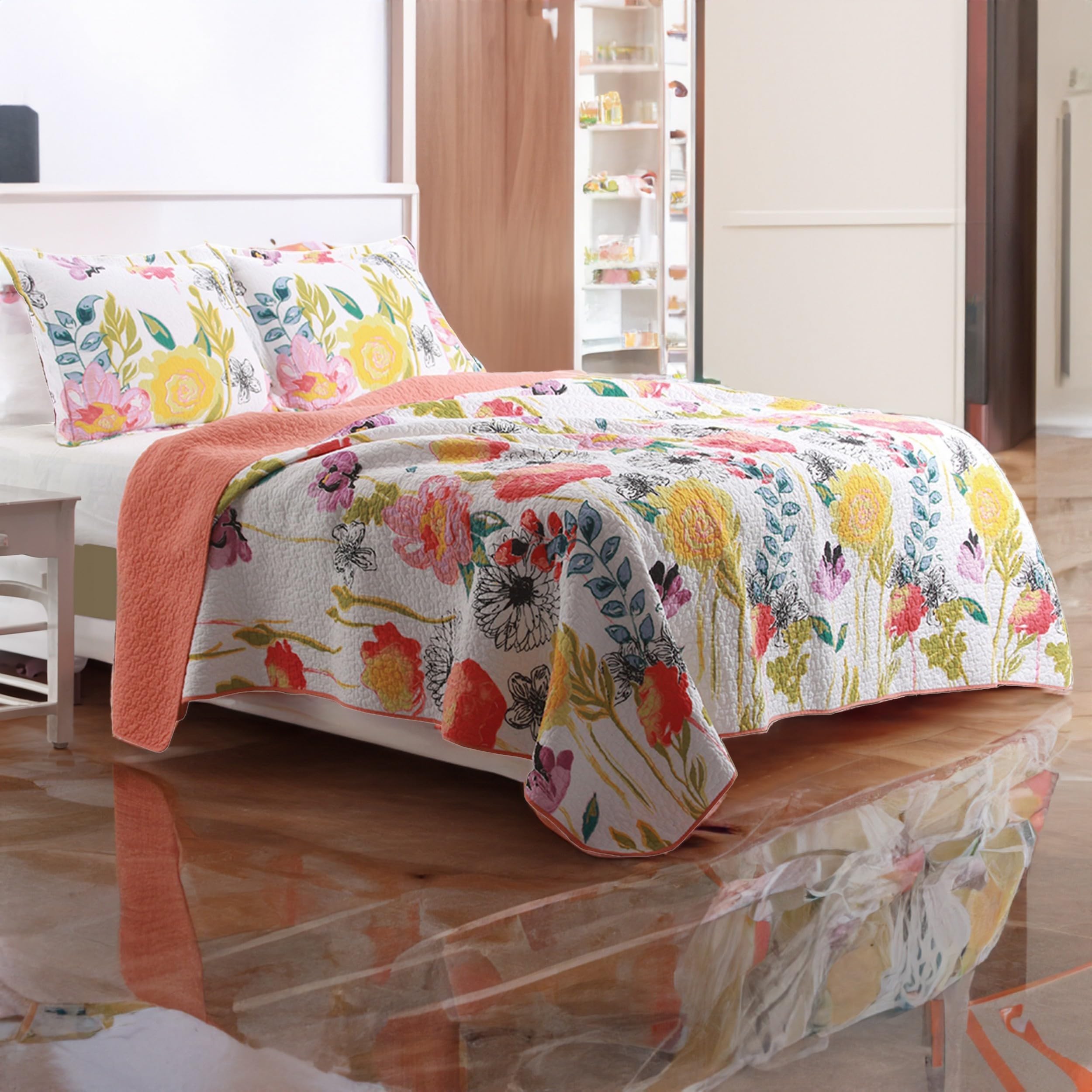Benjara 3-Piece King Size Cotton Quilt Set with Stencil Floral Print - Luxury Bedding for Master Bedroom & Guest Room Decor