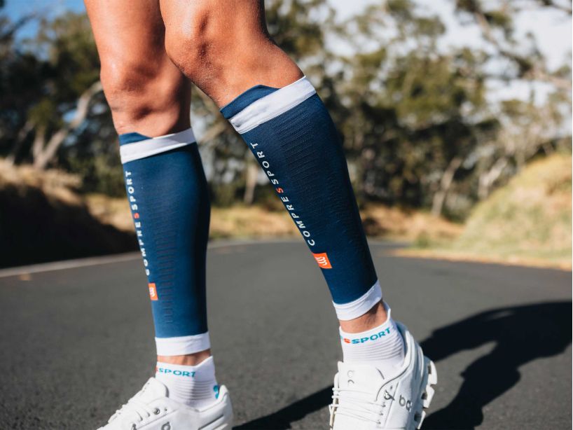 Compressport Unisex R2 3.0 Calf Sleeves - Blue & White Compression Support for Running, Cycling & Sports Recovery