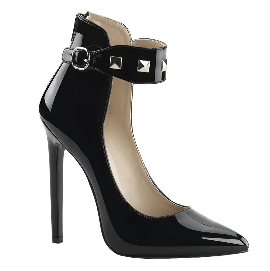 5.12 Inch Women's Elegant Pointed Toe Stiletto Heels - Sexy Ankle Buckle Pumps with Rivets for Party, Nightclub & Pole Dancing (Black, Size 13) | Perfect for Evening Events, Date Nights & Professional Performances