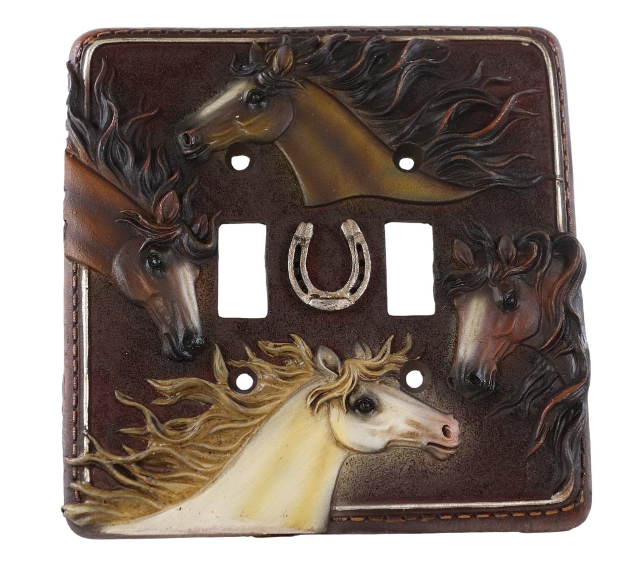 Ebros Set of 2 Rustic Western Horse Resin Switch Plate Covers - Colorful Running Horses with Lucky Horseshoe Design - Perfect for Country Home Decor, Ranch Style Houses & Western Themed Rooms