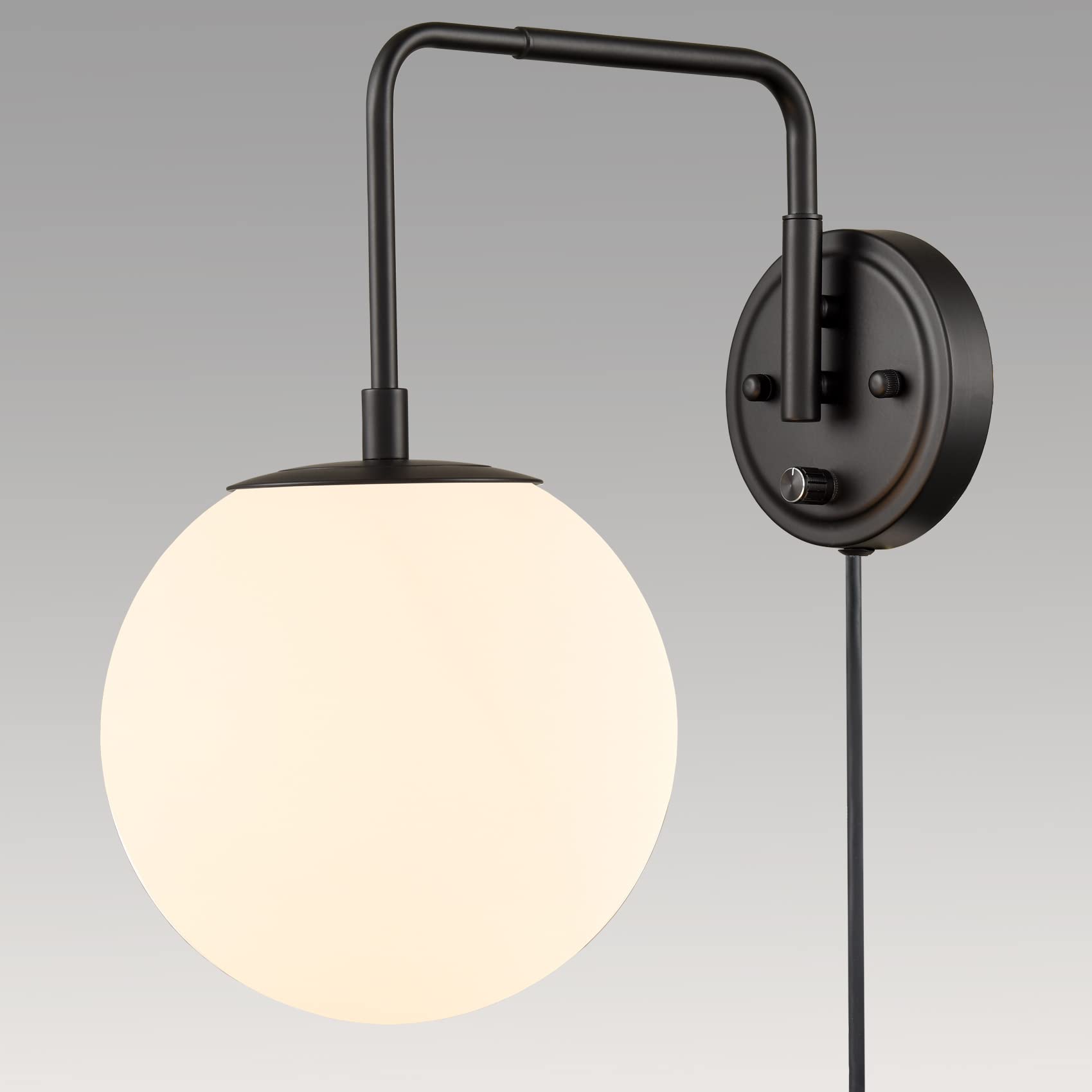 DAYCENT Farmhouse Plug-in Wall Sconces - Black Swing Arm Globe Wall Lights with On/Off Switch & Cord - Perfect for Bedroom, Living Room & Hallway Lighting