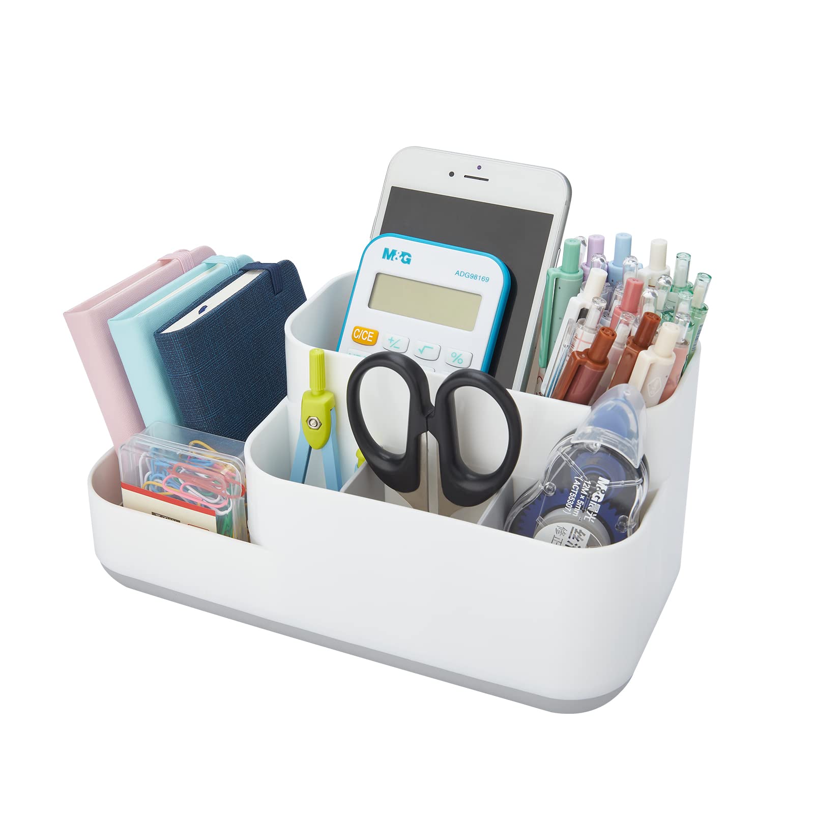 Desktop Organizer with Pen & Pencil Holder - Office Desk Storage Box for Cards, Stationery & Makeup Accessories - Perfect for Home Office, Study Desk & Vanity Table (White)