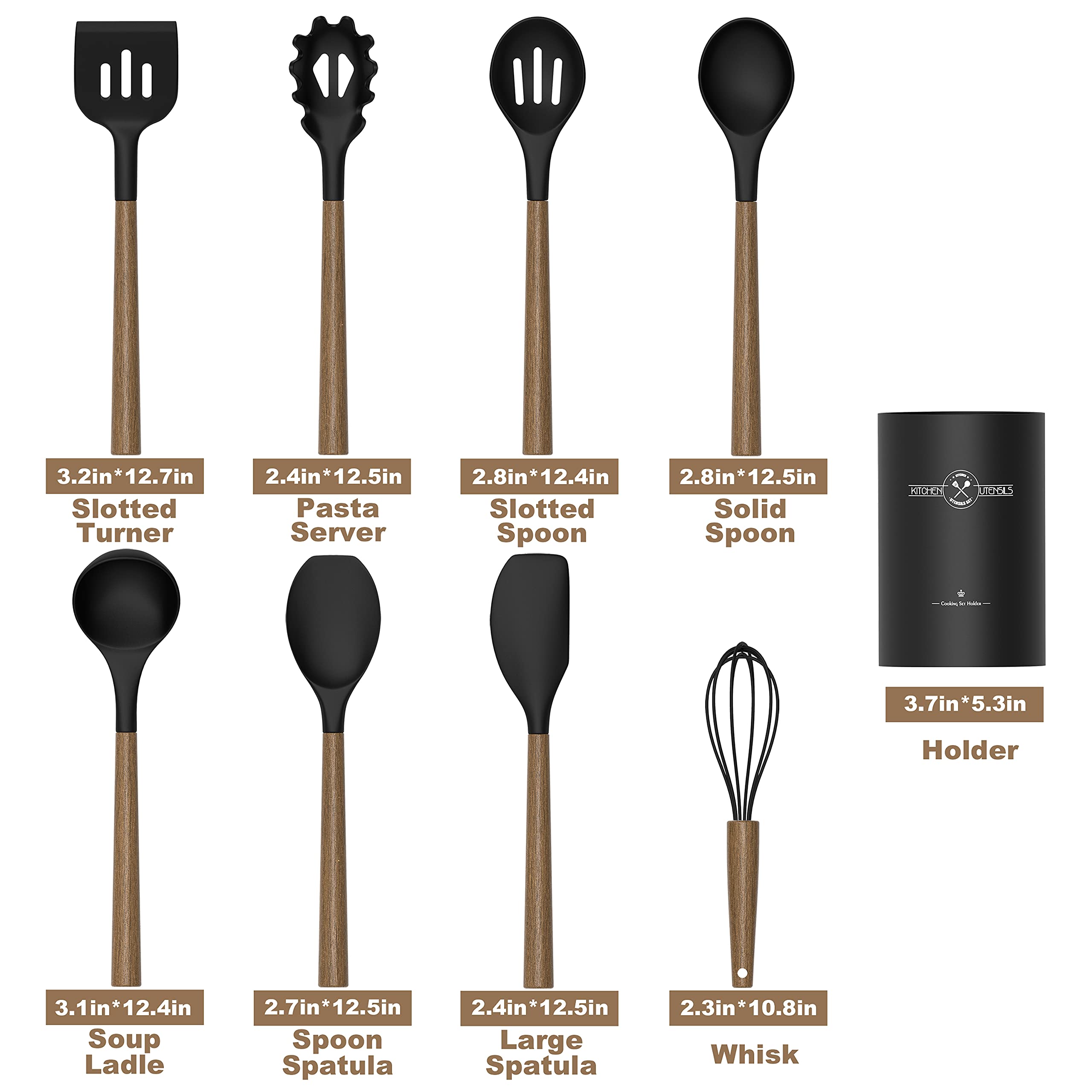 Premium 9-Piece Silicone Kitchen Utensil Set with Wooden Handle - Heat Resistant up to 446°F - Nonstick Cookware Safe Spatula Set with Storage Holder (Black) - Perfect for Baking, Cooking, and Serving