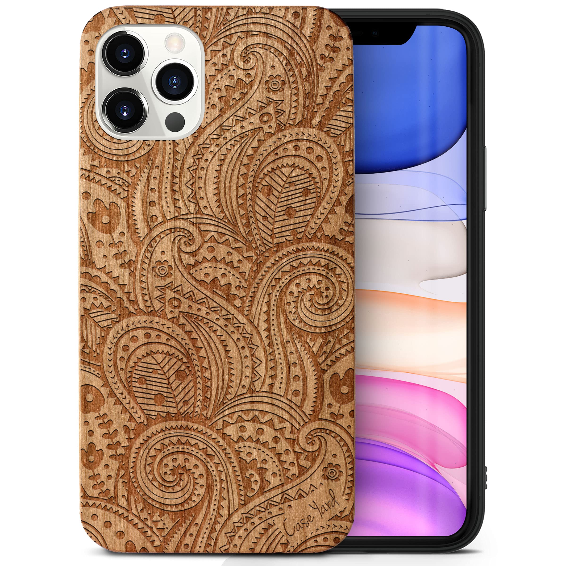 Premium Wooden Phone Case for iPhone 12 Pro Max - Laser Engraved Paisley Design Cherry Wood Cover | Shockproof Slim Fit Protective Case for Men & Women | Perfect for Outdoor Activities, Travel & Daily Use